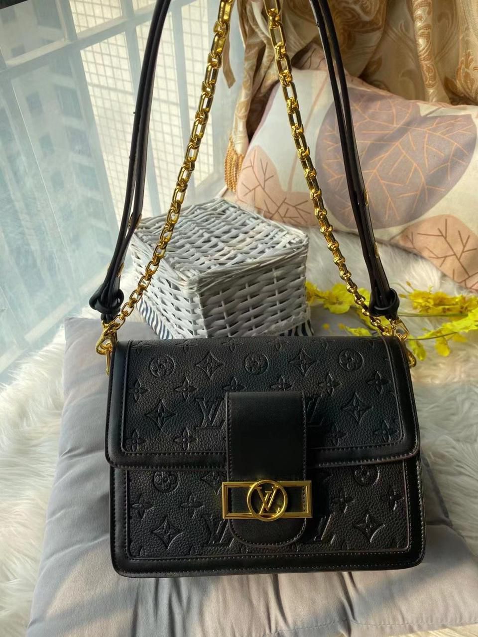 Buy First Copy Louis Vuitton Dauphine Black Embossed Sling Bag