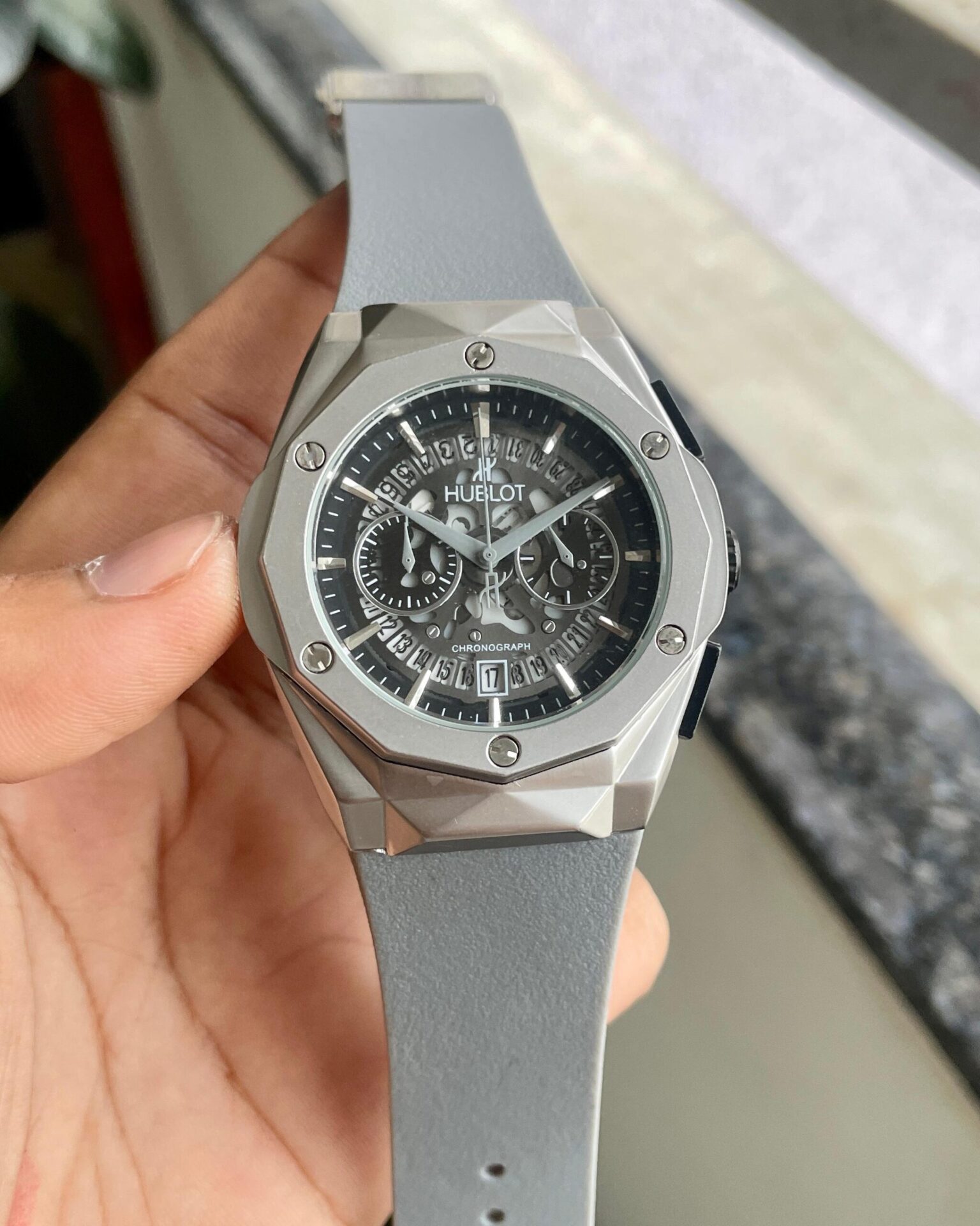 Buy First Copy Hublot Skeleton Dial With Silver Body & Fiber Strap Men’s Chronogrph Watch - Master Quality 7A Mirror at Lowest Price Online India
