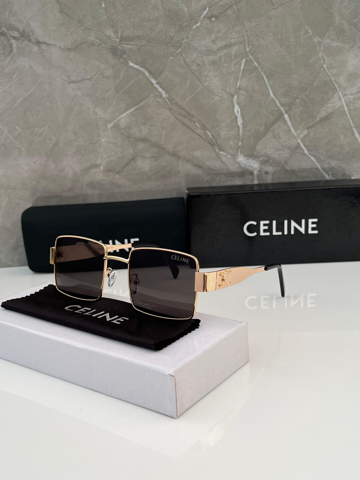 Buy First Copy Celine Luxury Square Sunglasses with Gold Frame and Black Lenses - Master Quality 7A Mirror at Lowest Price Online India