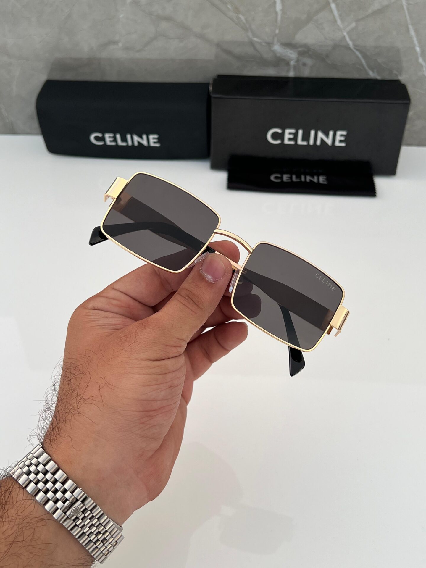 Buy First Copy Celine Luxury Square Sunglasses with Gold Frame and Black Lenses - Master Quality 7A Mirror at Lowest Price Online India
