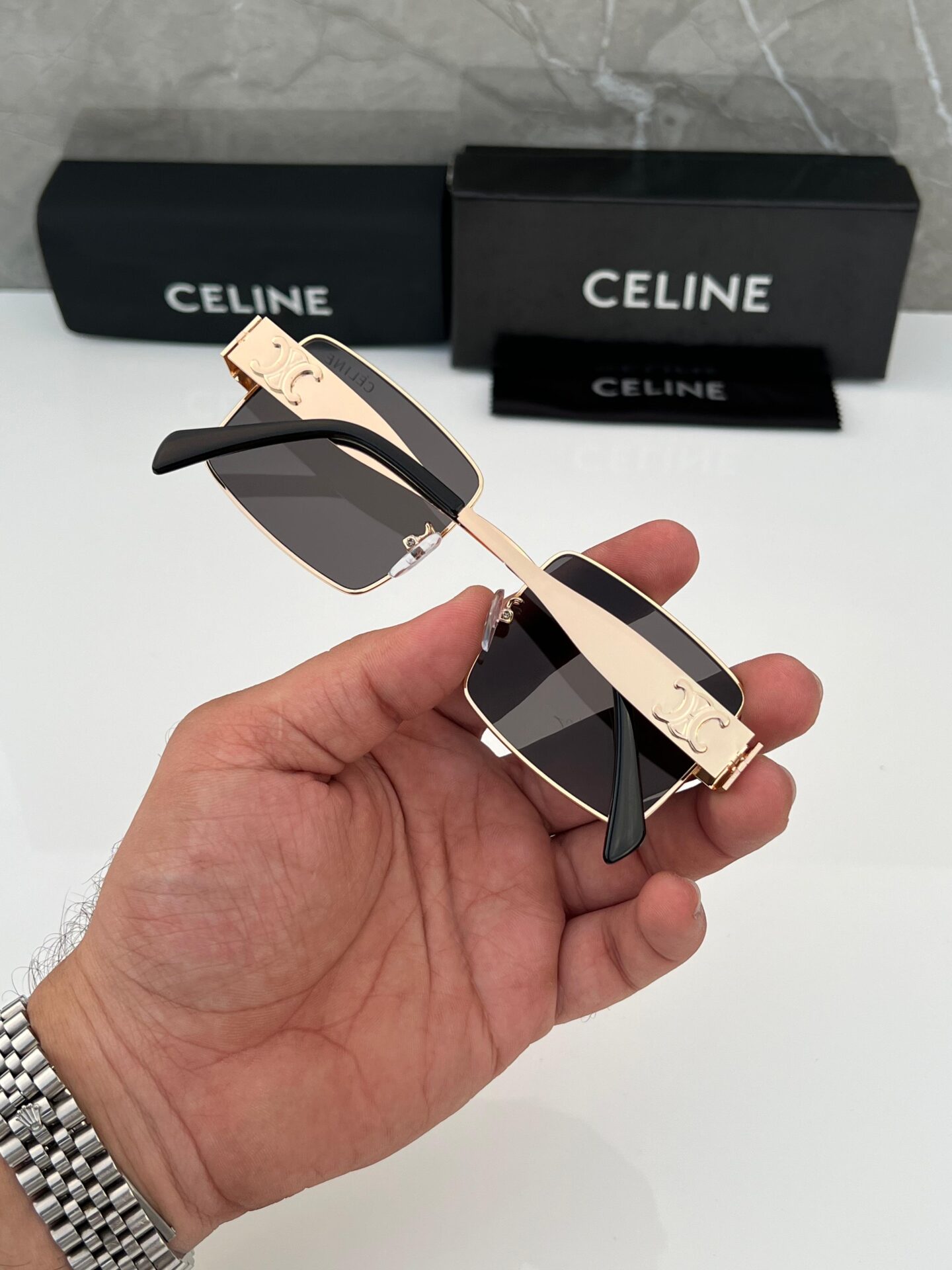 Buy First Copy Celine Luxury Square Sunglasses with Gold Frame and Black Lenses - Master Quality 7A Mirror at Lowest Price Online India