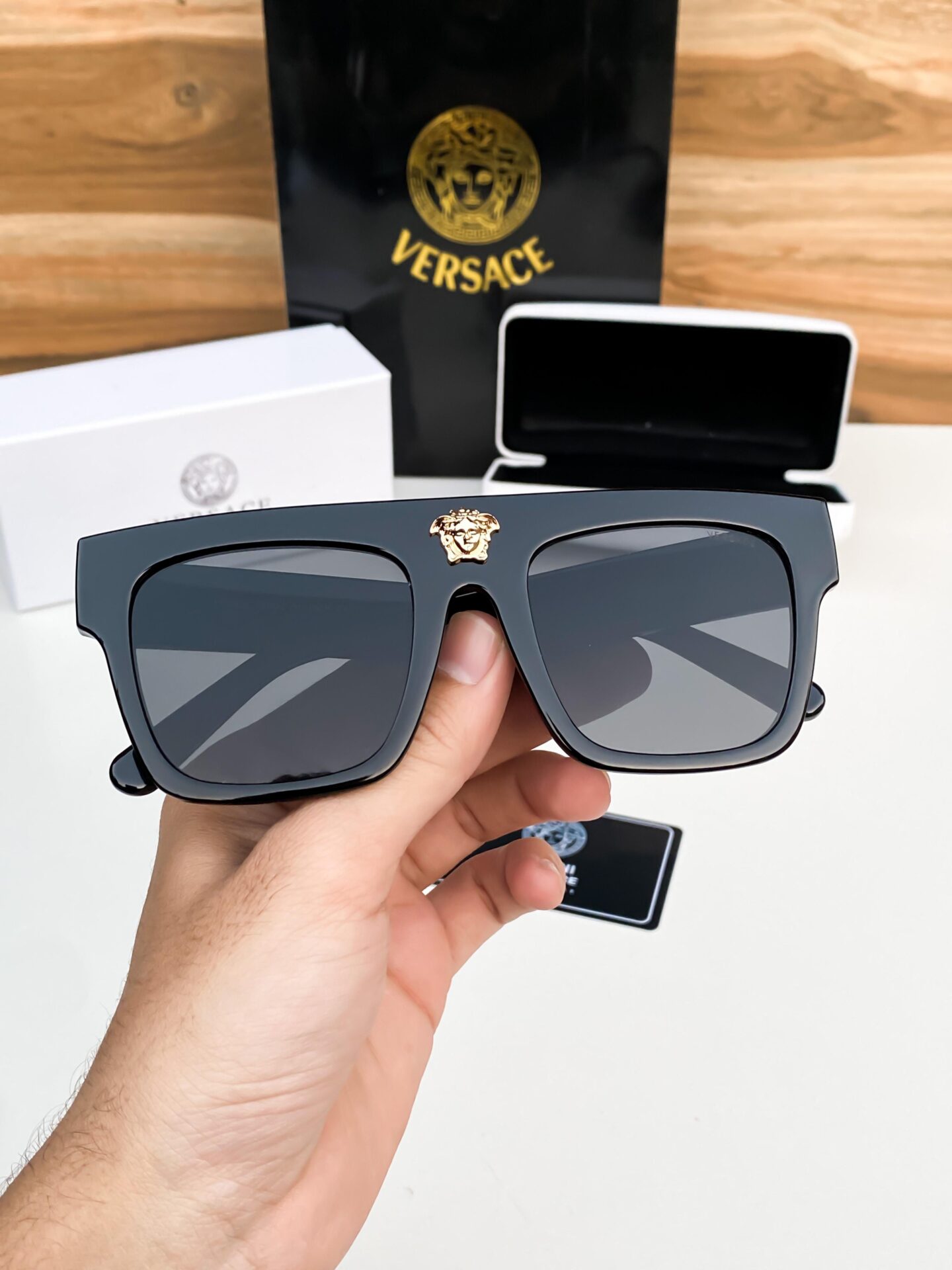 Buy First Copy Versace Rectangular Sunglasses with Gold Medusa Logo - Master Quality 7A Mirror at Lowest Price Online India