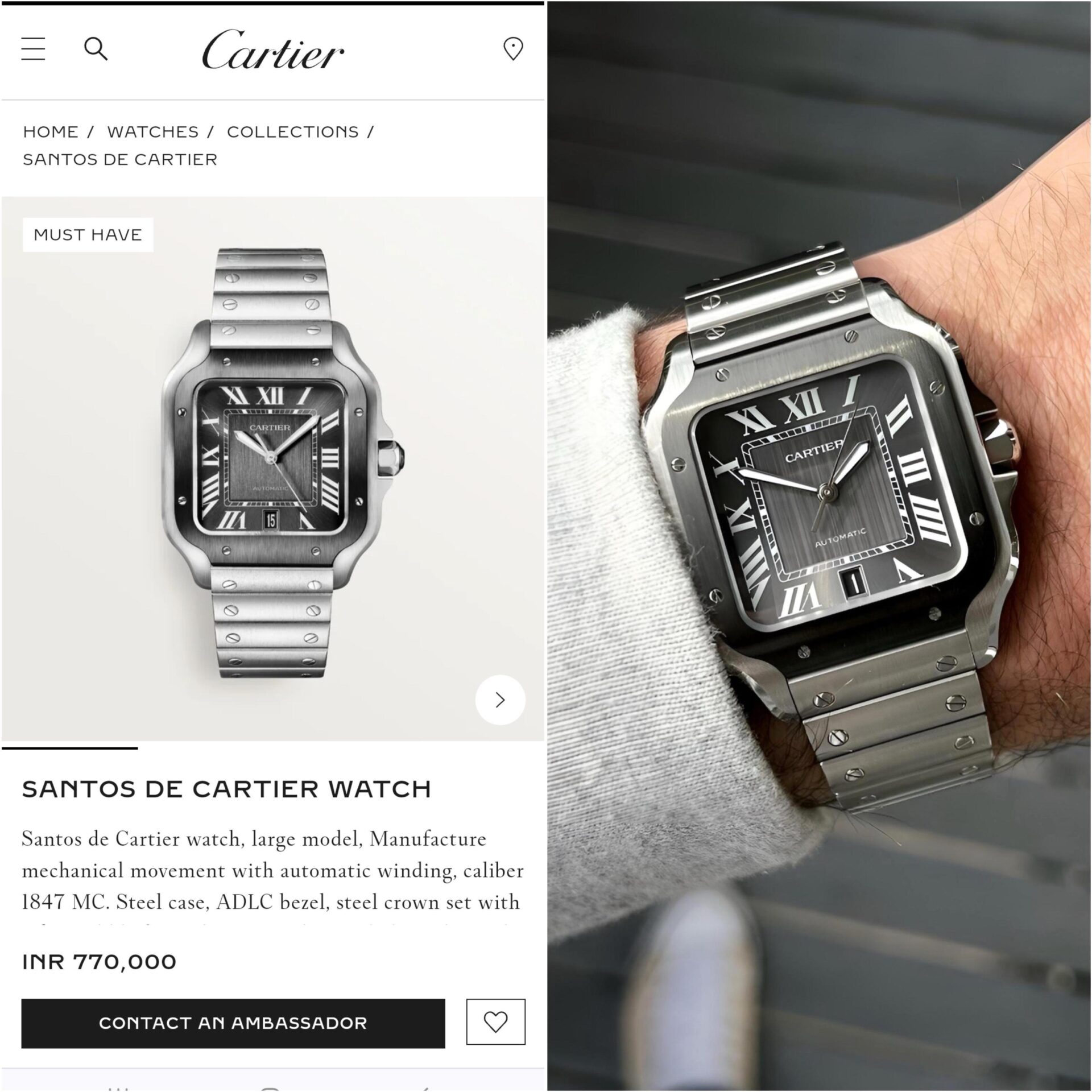 Buy First Copy Cartier Santos Automatic Men’s Watch 43mm - Master Quality 7A Mirror at Lowest Price Online India