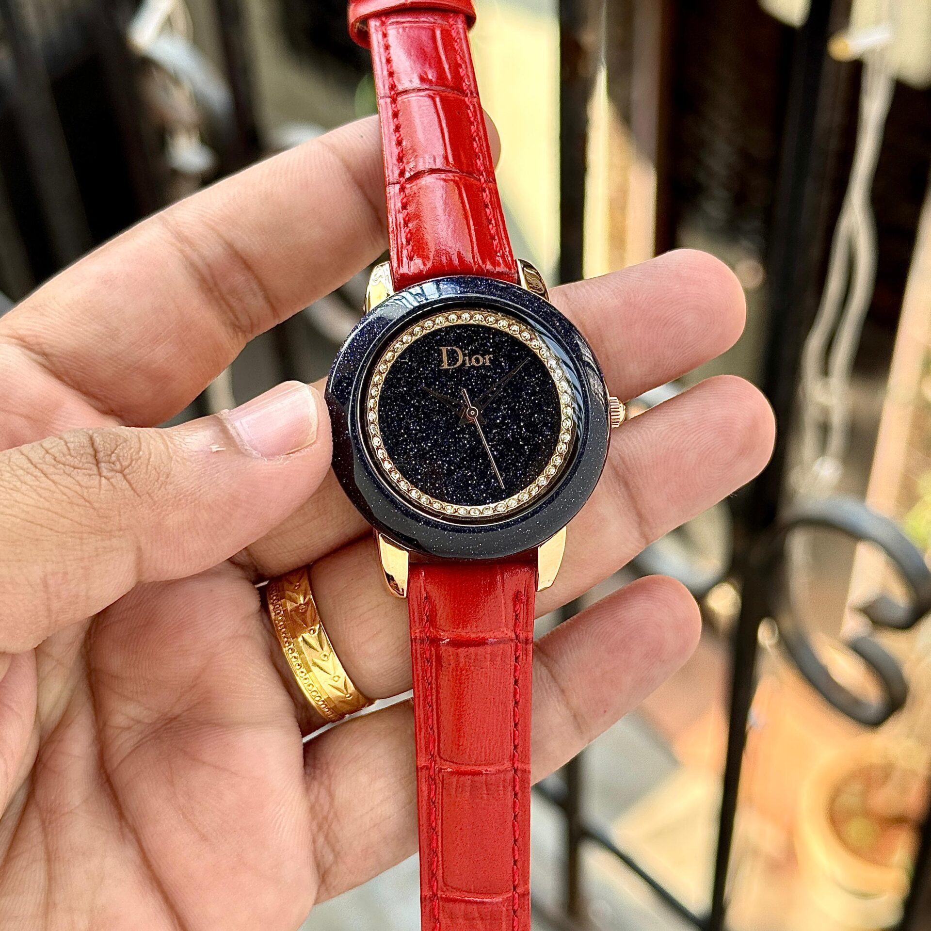 Buy First Copy Dior Watch with Galaxy Dial and Red Leather Strap - Master Quality 7A Mirror at Lowest Price Online India