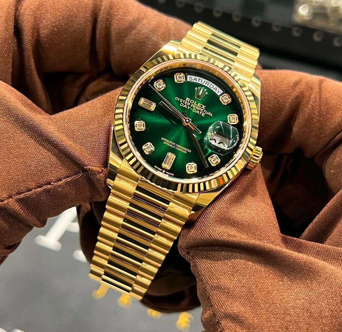Buy First Copy Rolex Day-Date Green Dial Watch for Men 43mm - Master Quality 7A Mirror at Lowest Price Online India