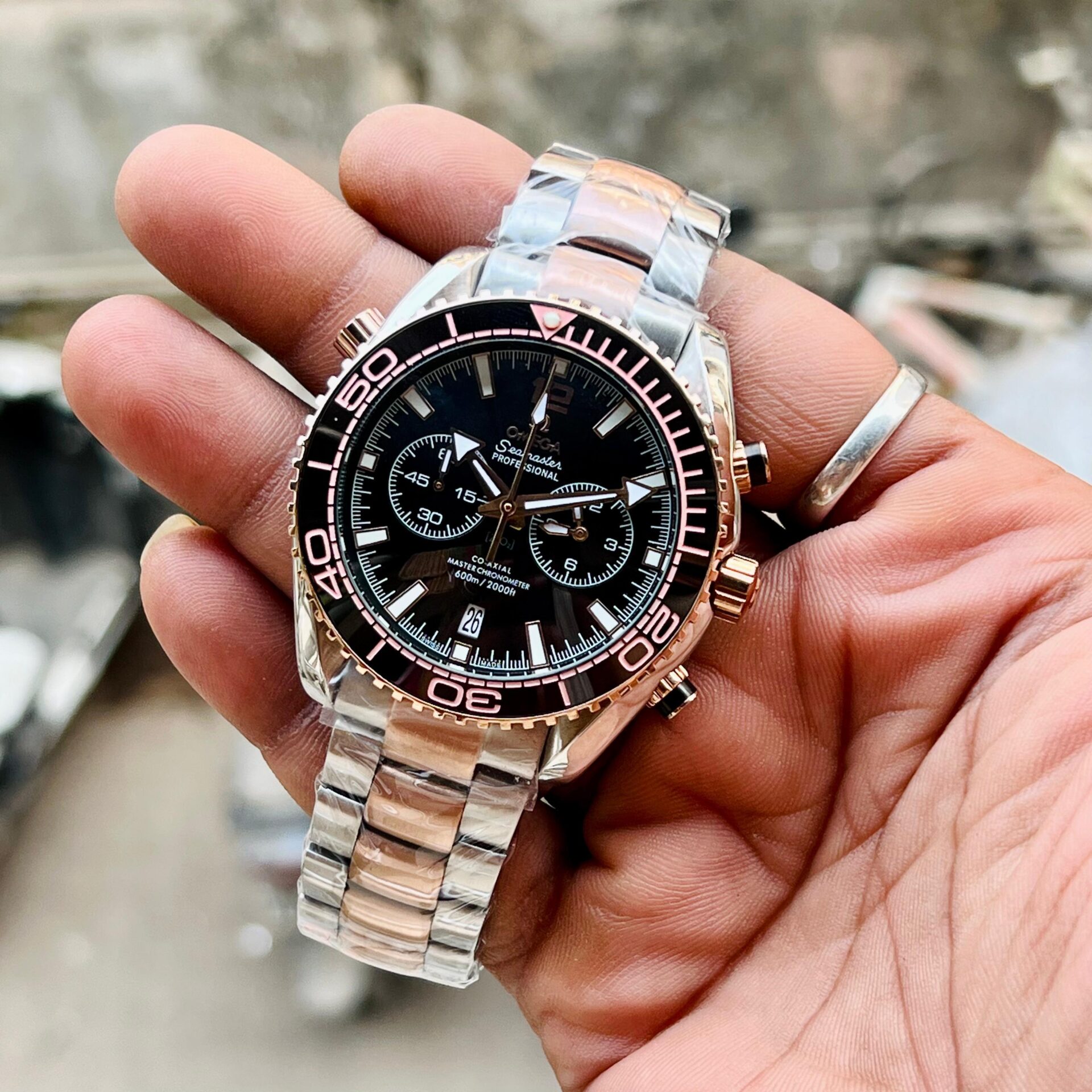 Buy First Copy Omega Seamaster Chronograph Men’s Watch Black Dial with Two-Tone Bracelet - Master Quality 7A Mirror at Lowest Price Online India