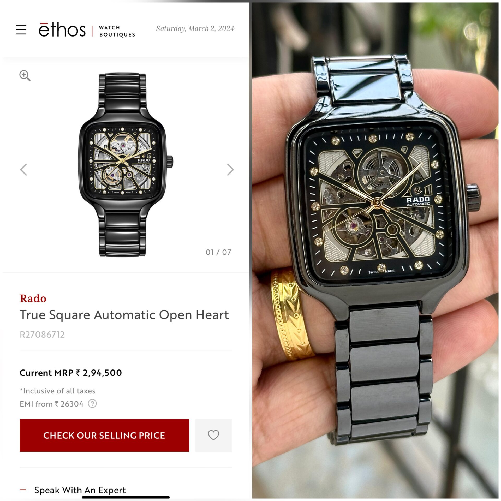 Buy First Copy Rado True Square Open Heart Automatic Watch (R27086712) Men’s Watch - Master Quality 7A Mirror at Lowest Price Online India