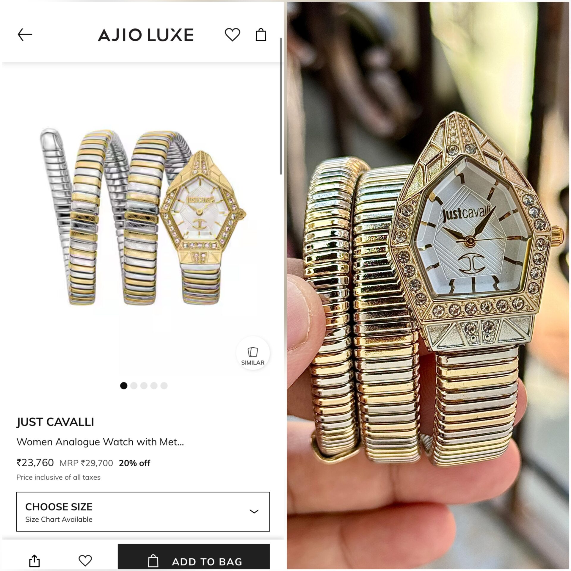 Buy First Copy Just Cavalli Serpentine Women’s Watch 32mm Silver Gold Wrap Bracelet Diamond Bezel - Master Quality 7A Mirror at Lowest Price Online India