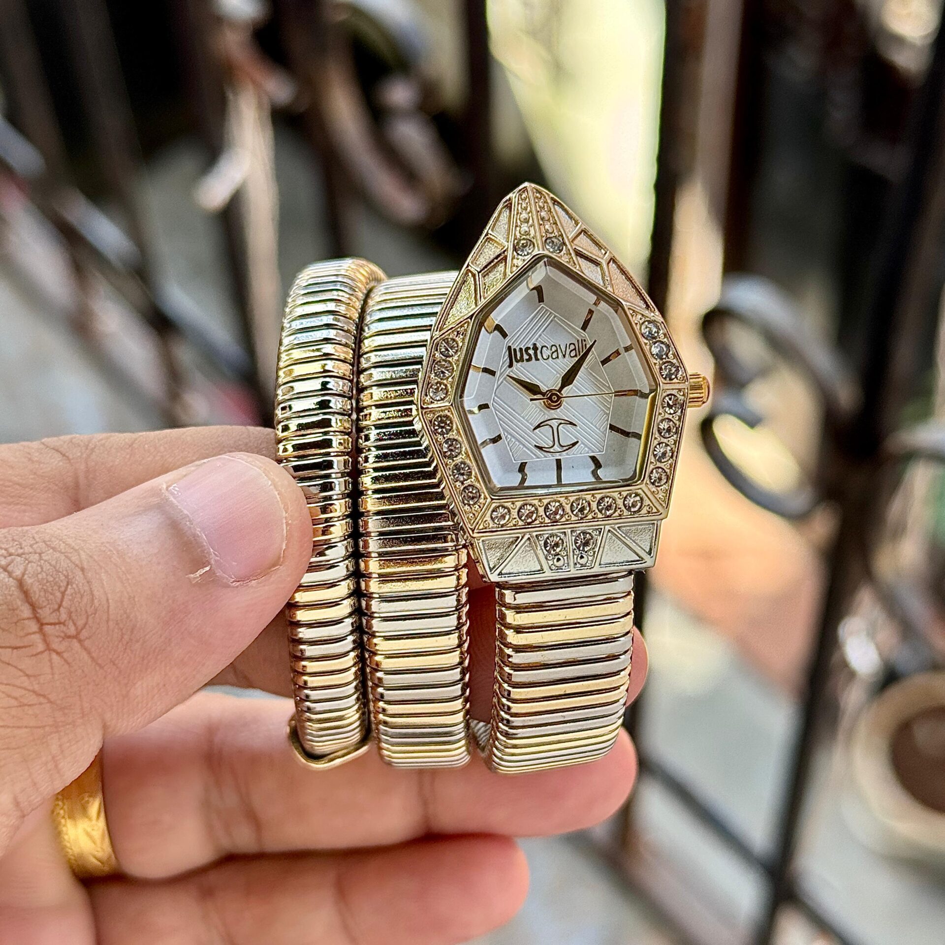 Buy First Copy Just Cavalli Serpentine Women’s Watch 32mm Silver Gold Wrap Bracelet Diamond Bezel - Master Quality 7A Mirror at Lowest Price Online India