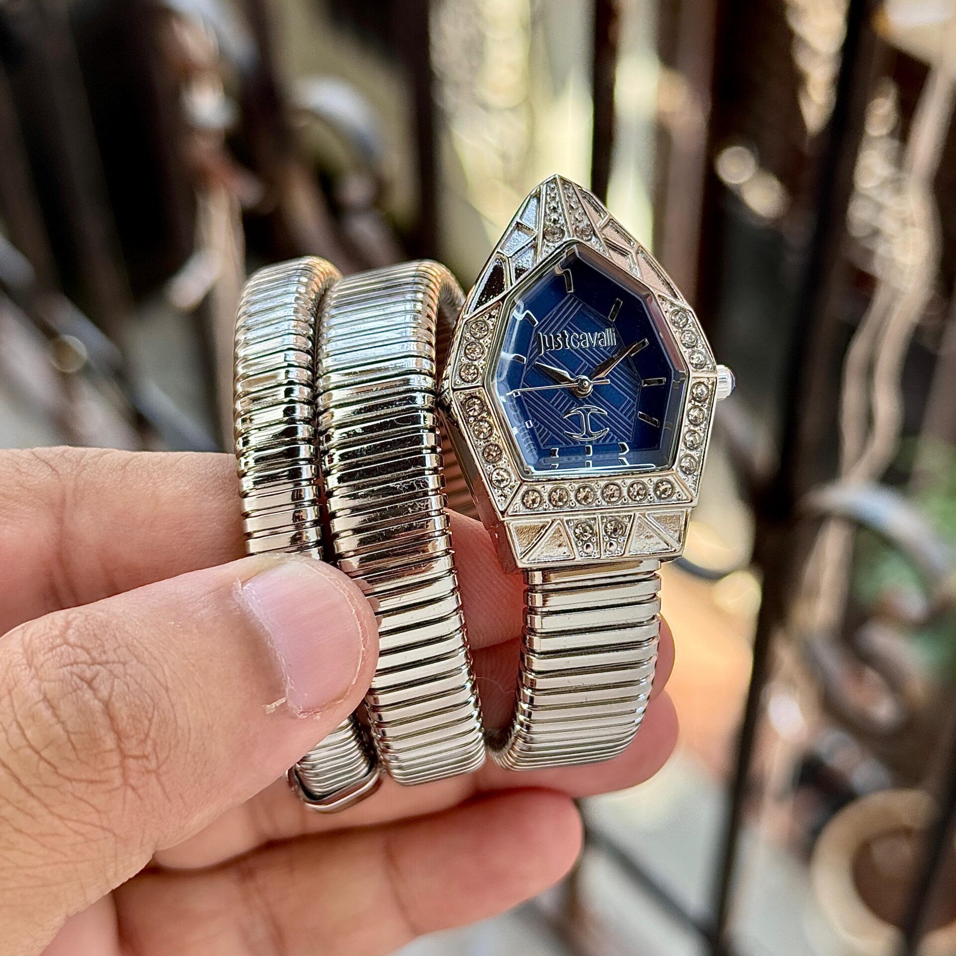 Buy First Copy Just Cavalli Serpentine Women’s Watch 32mm Silver Gold Wrap Bracelet Diamond Bezel - Master Quality 7A Mirror at Lowest Price Online India