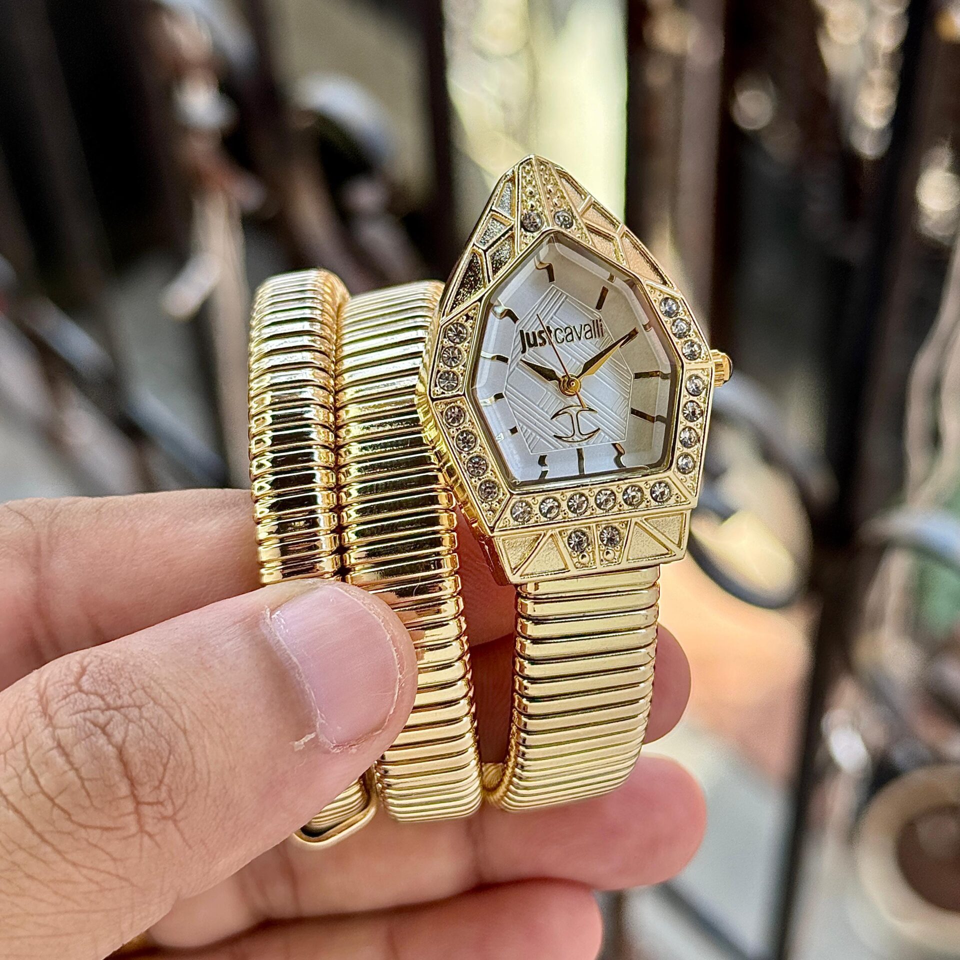 Buy First Copy Just Cavalli Serpentine Women’s Watch 32mm Silver Gold Wrap Bracelet Diamond Bezel - Master Quality 7A Mirror at Lowest Price Online India
