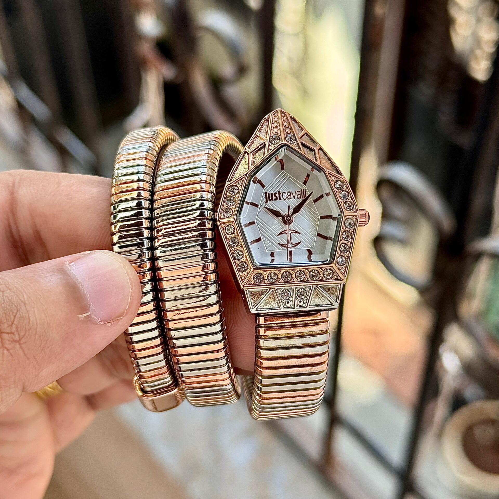 Buy First Copy Just Cavalli Serpentine Women’s Watch 32mm Silver Gold Wrap Bracelet Diamond Bezel - Master Quality 7A Mirror at Lowest Price Online India