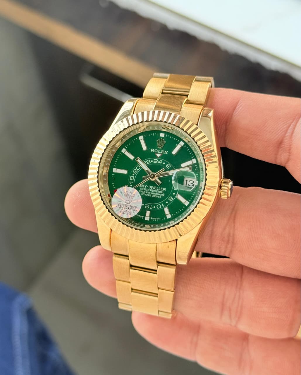 Buy First Copy Rolex Sky-Dweller Green Dial Gold Tone Automatic Watch for Men with Date Display - Master Quality 7A Mirror at Lowest Price Online India