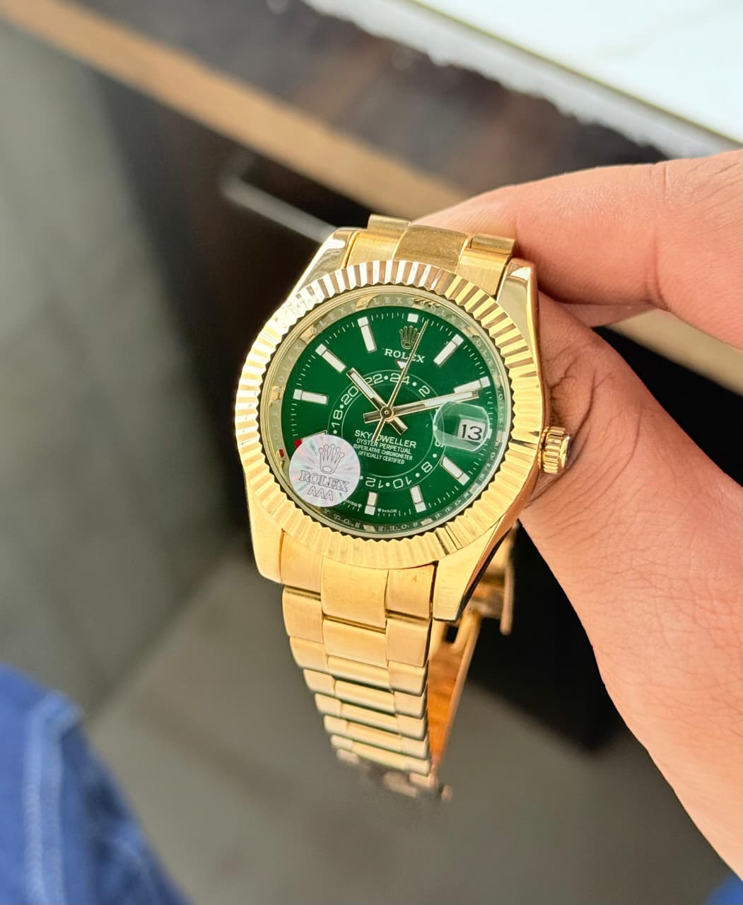Buy First Copy Rolex Sky-Dweller Green Dial Gold Tone Automatic Watch for Men with Date Display - Master Quality 7A Mirror at Lowest Price Online India