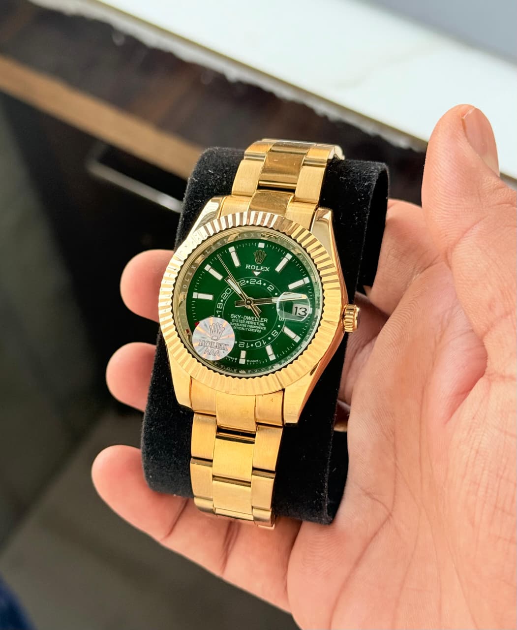 Buy First Copy Rolex Sky-Dweller Green Dial Gold Tone Automatic Watch for Men with Date Display - Master Quality 7A Mirror at Lowest Price Online India
