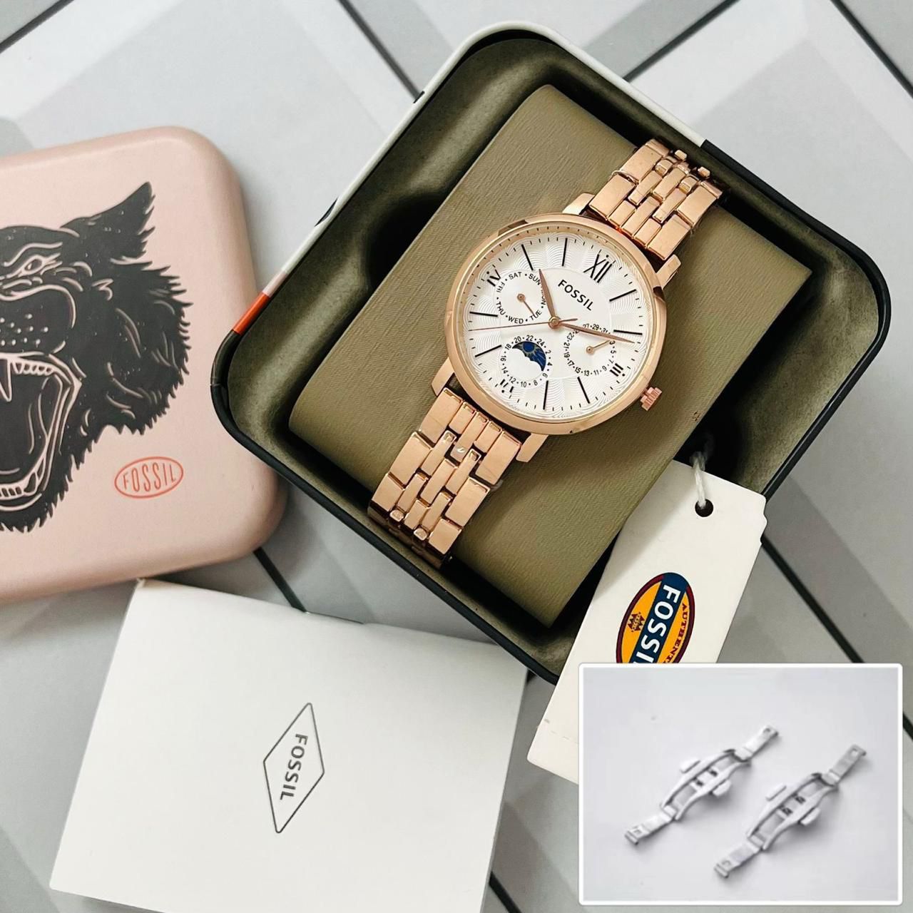 Buy First Copy Fossil Jacqueline’s Chronograph Sun Moon Rose Gold Watch for Women 36mm - Master Quality 7A Mirror at Lowest Price Online India