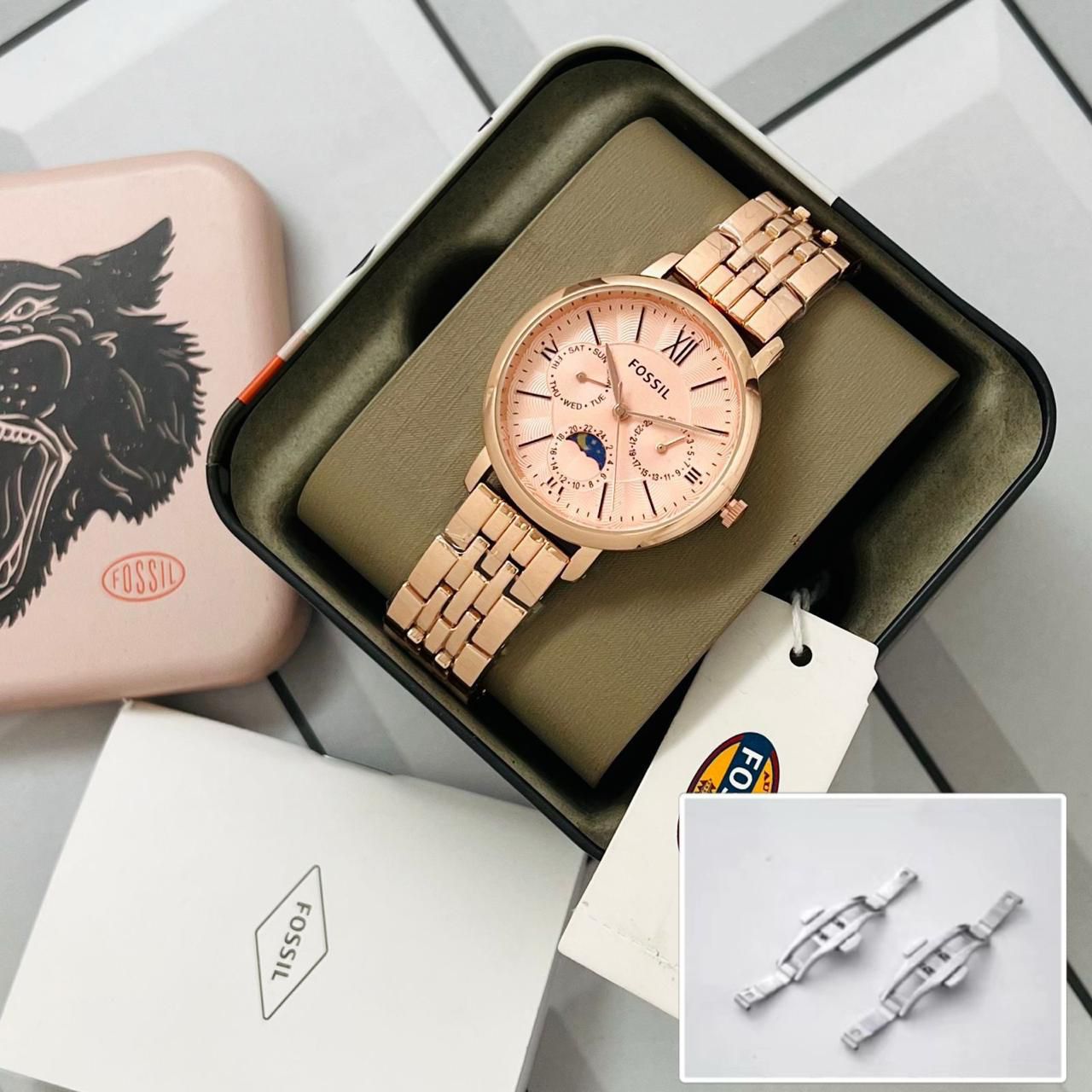 Buy First Copy Fossil Jacqueline’s Chronograph Sun Moon Rose Gold Watch for Women 36mm - Master Quality 7A Mirror at Lowest Price Online India