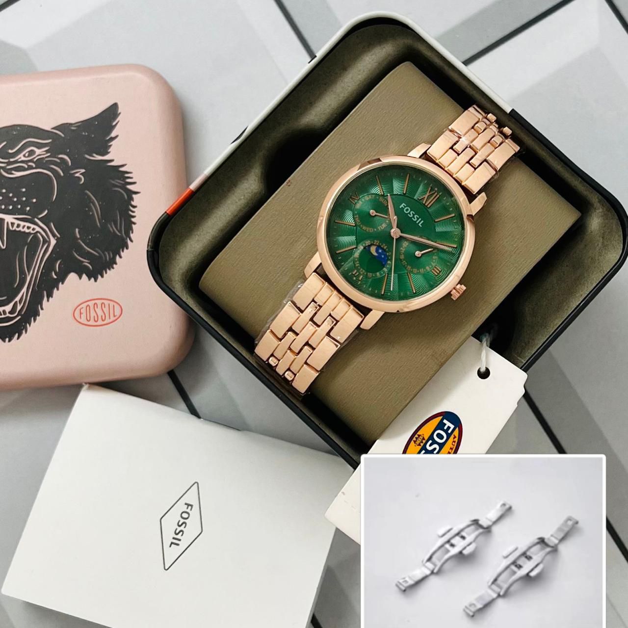 Buy First Copy Fossil Jacqueline’s Chronograph Sun Moon Rose Gold Watch for Women 36mm - Master Quality 7A Mirror at Lowest Price Online India