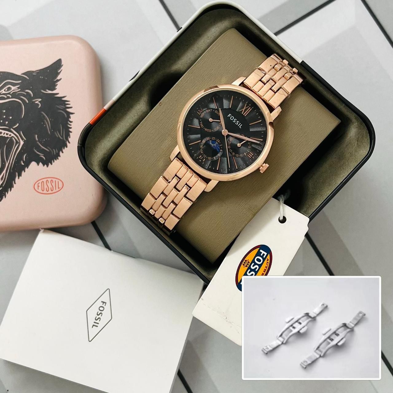 Buy First Copy Fossil Jacqueline’s Chronograph Sun Moon Rose Gold Watch for Women 36mm - Master Quality 7A Mirror at Lowest Price Online India