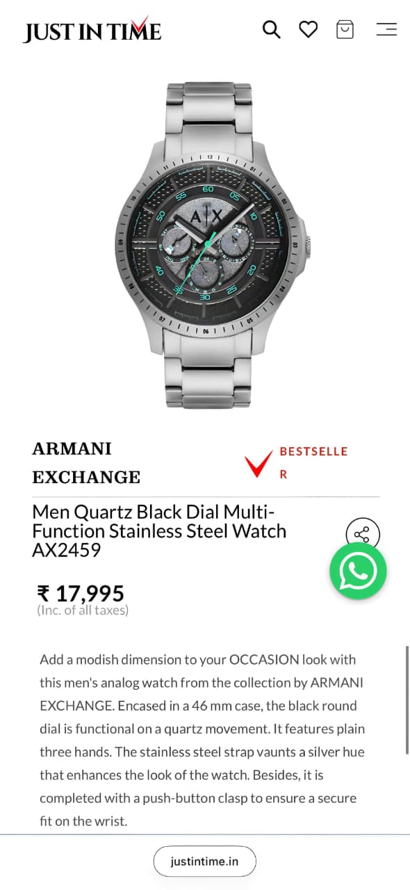 Buy First Copy Armani Exchange Men’s Modern Chronograph Stainless Steel Watch – Black Dial, 43mm - Master Quality 7A Mirror at Lowest Price Online India