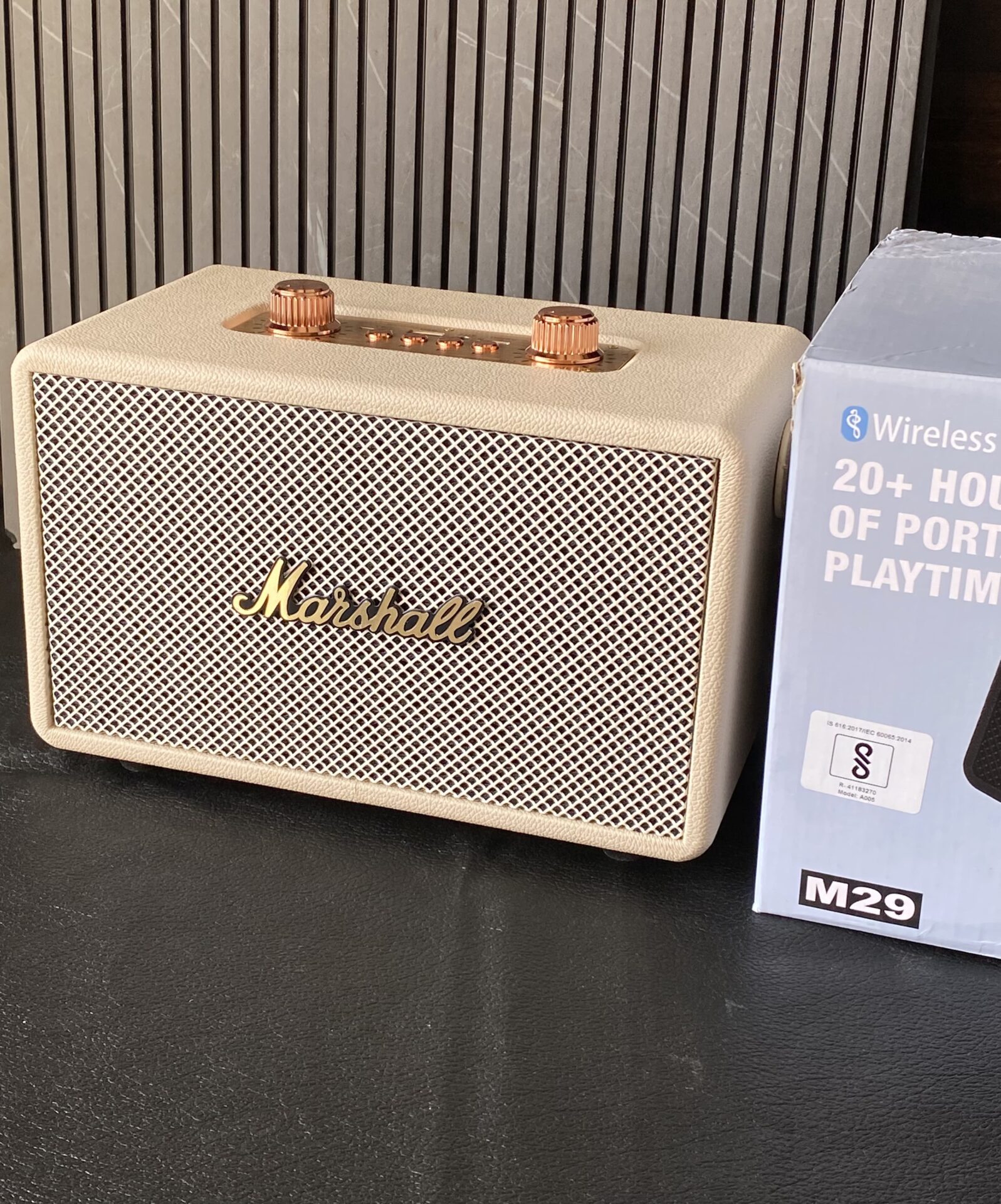 Buy First Copy Marshall M29 20W HD Speaker with Dolby™️ Sound Engine – accessories showing authentic design. Cash on Delivery available, Free shipping across India, Pan India delivery, 1:1 master replica with original box