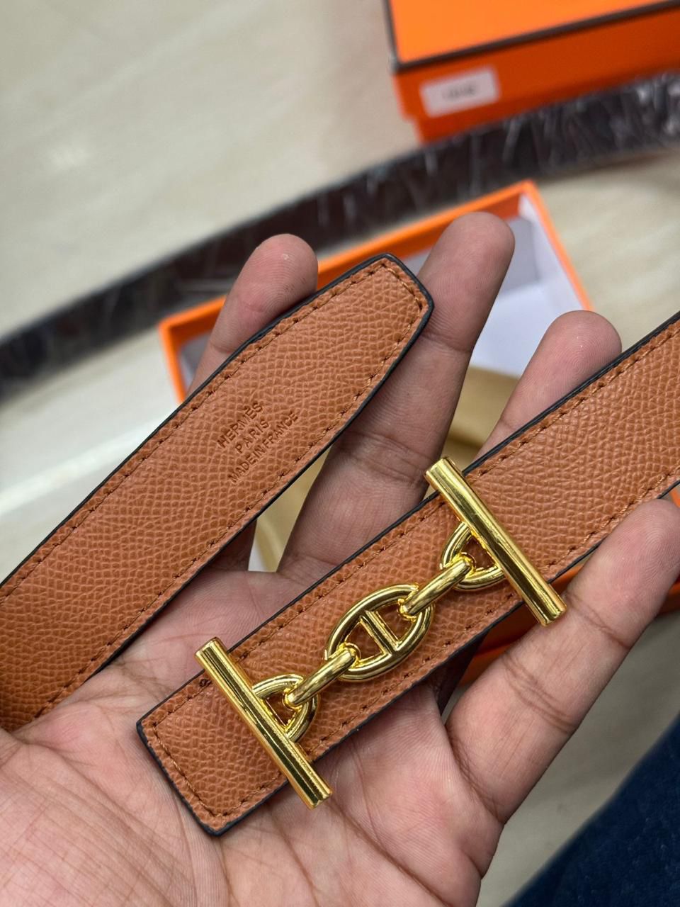 Buy First Copy Hermès Ladies Slim Leather Belt Gold Chain H Buckle Designer Accessory - Master Quality 7A Mirror at Lowest Price Online India