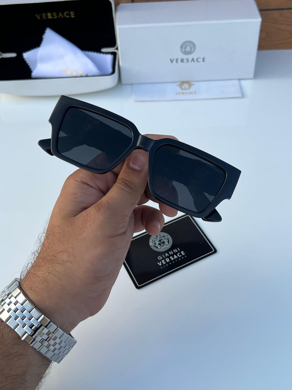 Buy First Copy Versace Medusa Square Sunglasses - Unisex – close-up showing authentic design. Cash on Delivery available, Free shipping across India, Pan India delivery, UV400 protection lenses