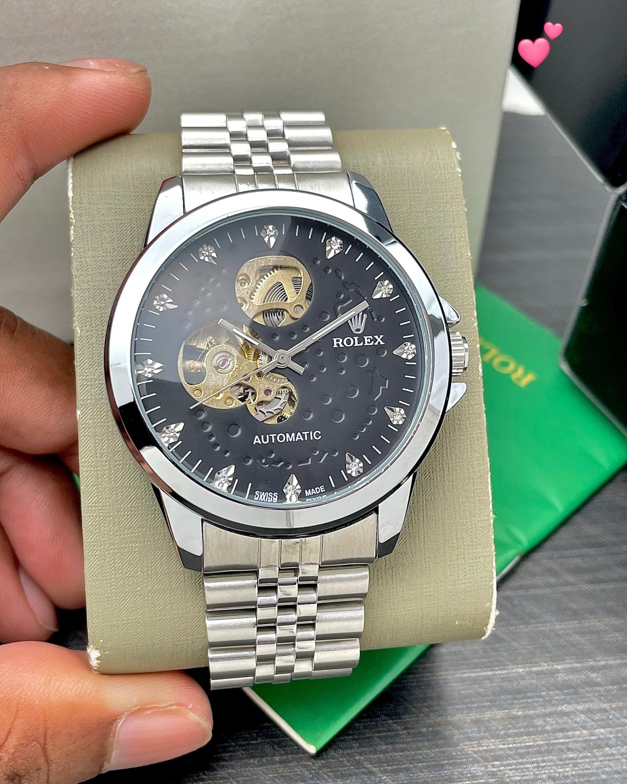 Buy First Copy Rolex Open-Heart Skeleton Silver Dial Stainless Steel Automatic Men’s Watch - Master Quality 7A Mirror at Lowest Price Online India