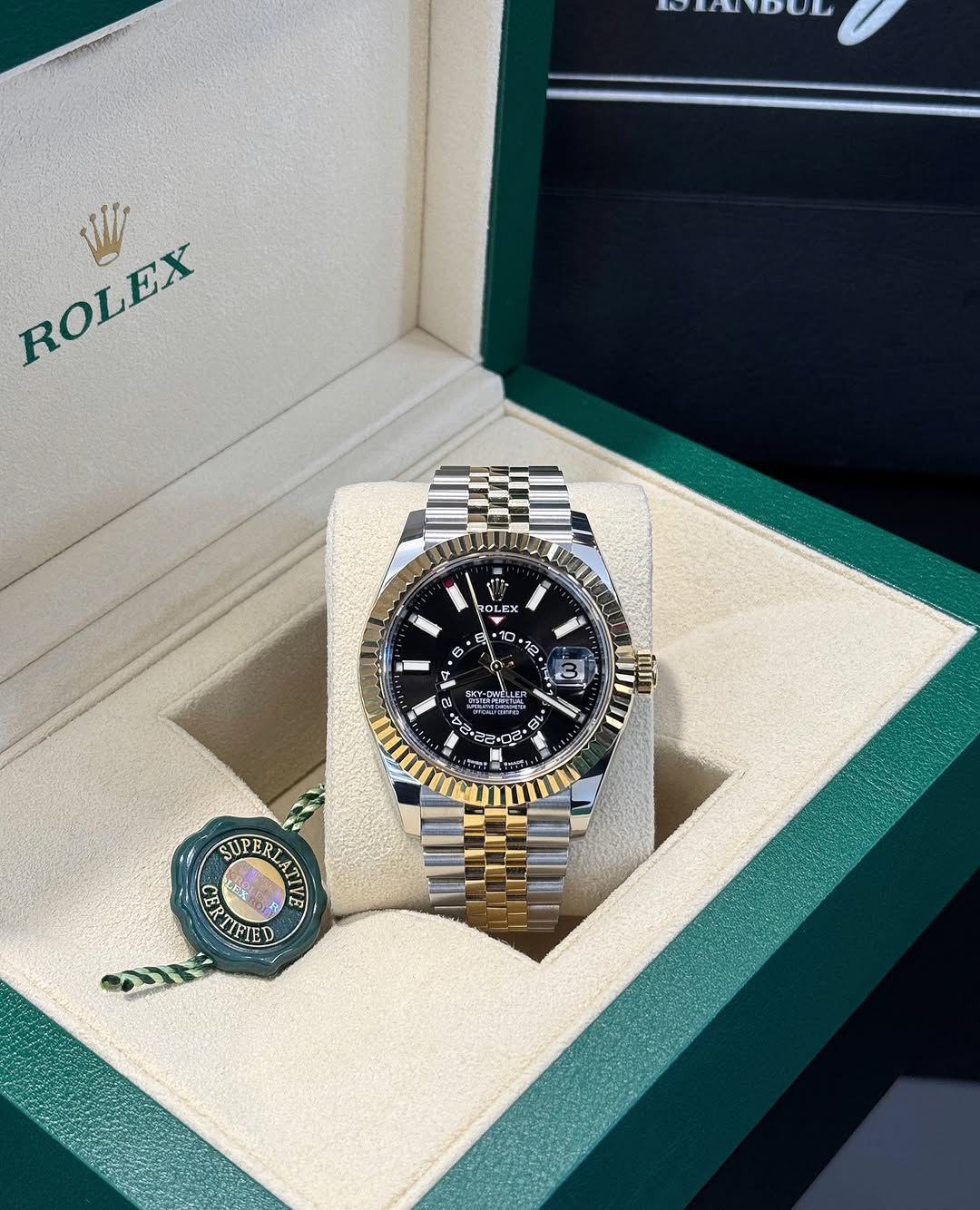 Buy First Copy Rolex Sky-Dweller Two-Tone Black Dial 42mm Automatic Men’s Watch - Master Quality 7A Mirror at Lowest Price Online India