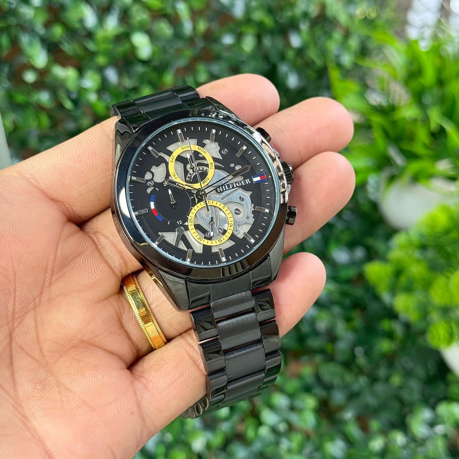 Buy First Copy Tommy Hilfiger Skeleton Black Steel 4mm Quartz movement Chronograph Men’s Watch - Master Quality 7A Mirror at Lowest Price Online India