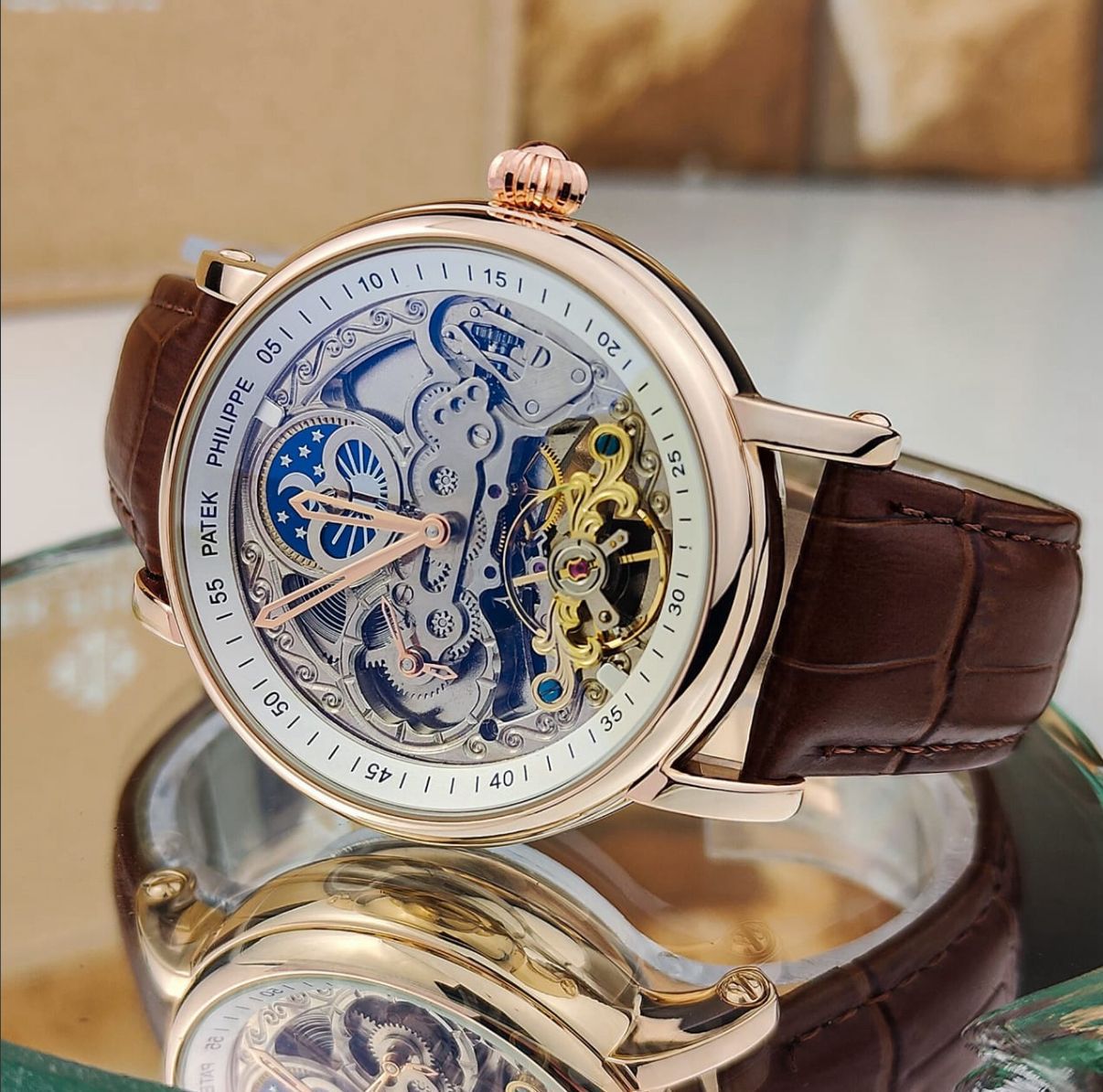 Buy First Copy Patek Philippe Skeleton Open Back Men’s Automatic Watch - Master Quality 7A Mirror at Lowest Price Online India