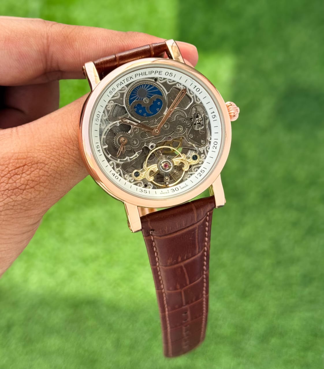 Buy First Copy Patek Philippe Skeleton Open Back Men’s Automatic Watch - Master Quality 7A Mirror at Lowest Price Online India