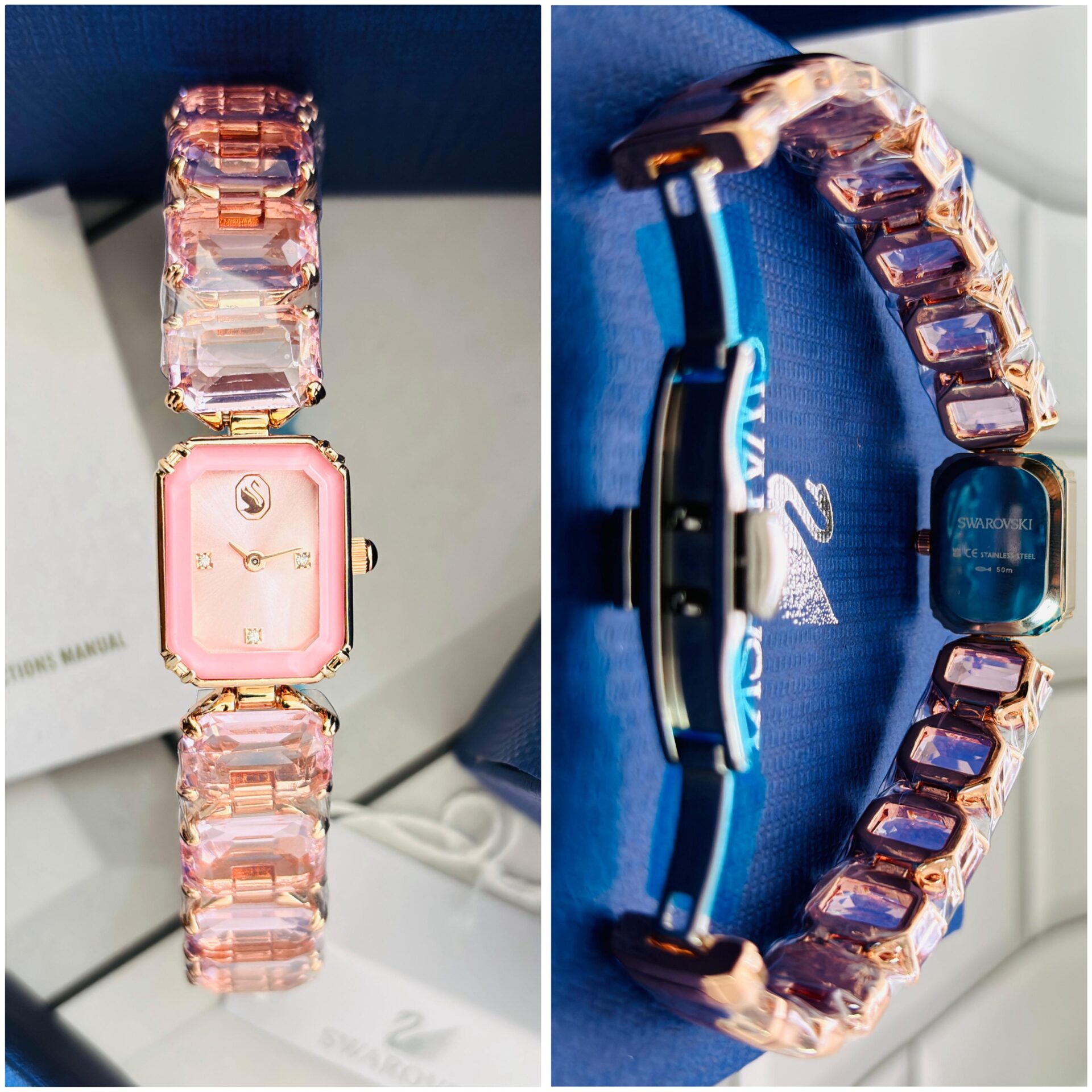 Buy First Copy Swarovski Crystal Octagon Rose Gold Stainless Steel Crystal 23mm Quartz Machine Ladies Watch - Master Quality 7A Mirror at Lowest Price Online India