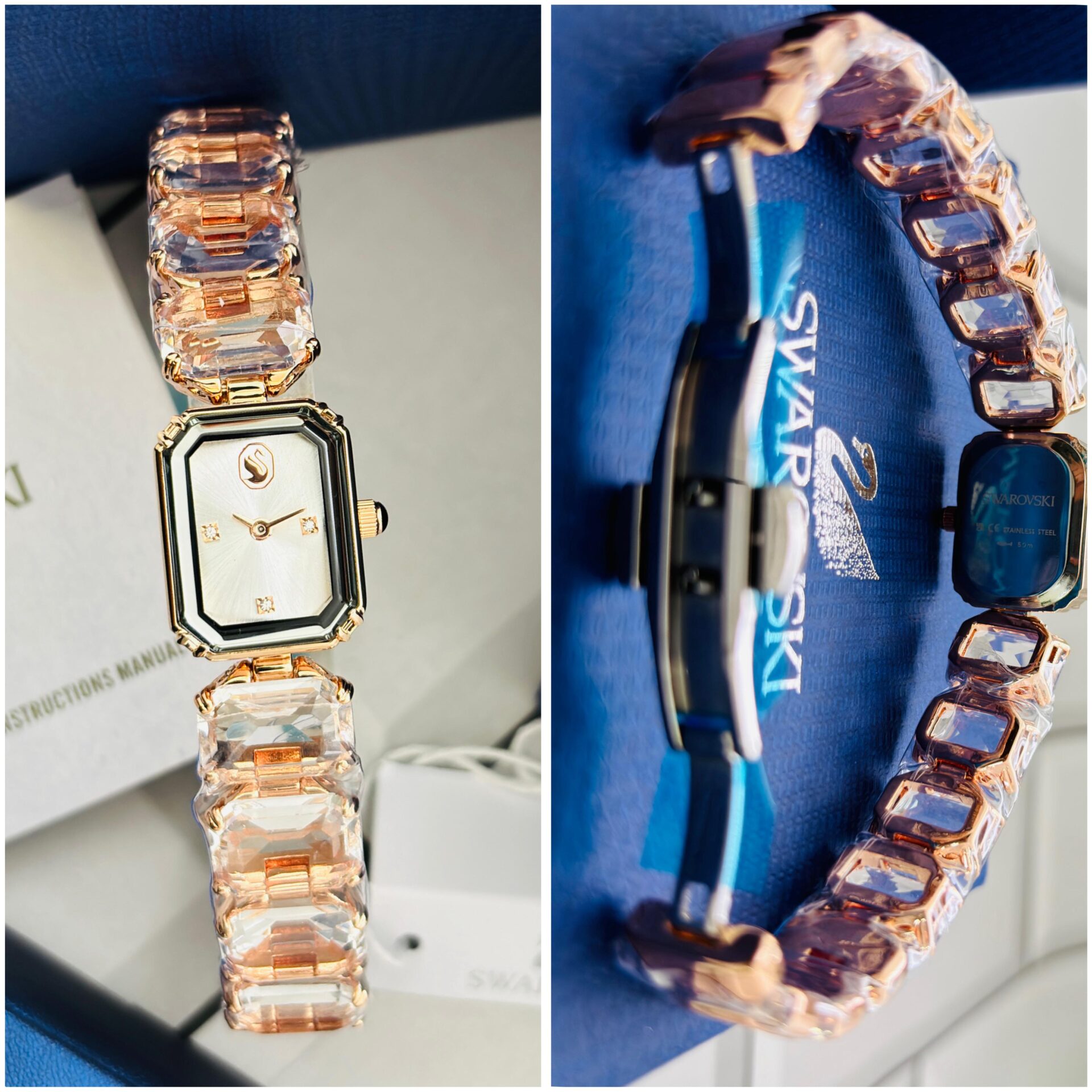 Buy First Copy Swarovski Crystal Octagon Rose Gold Stainless Steel Crystal 23mm Quartz Machine Ladies Watch - Master Quality 7A Mirror at Lowest Price Online India