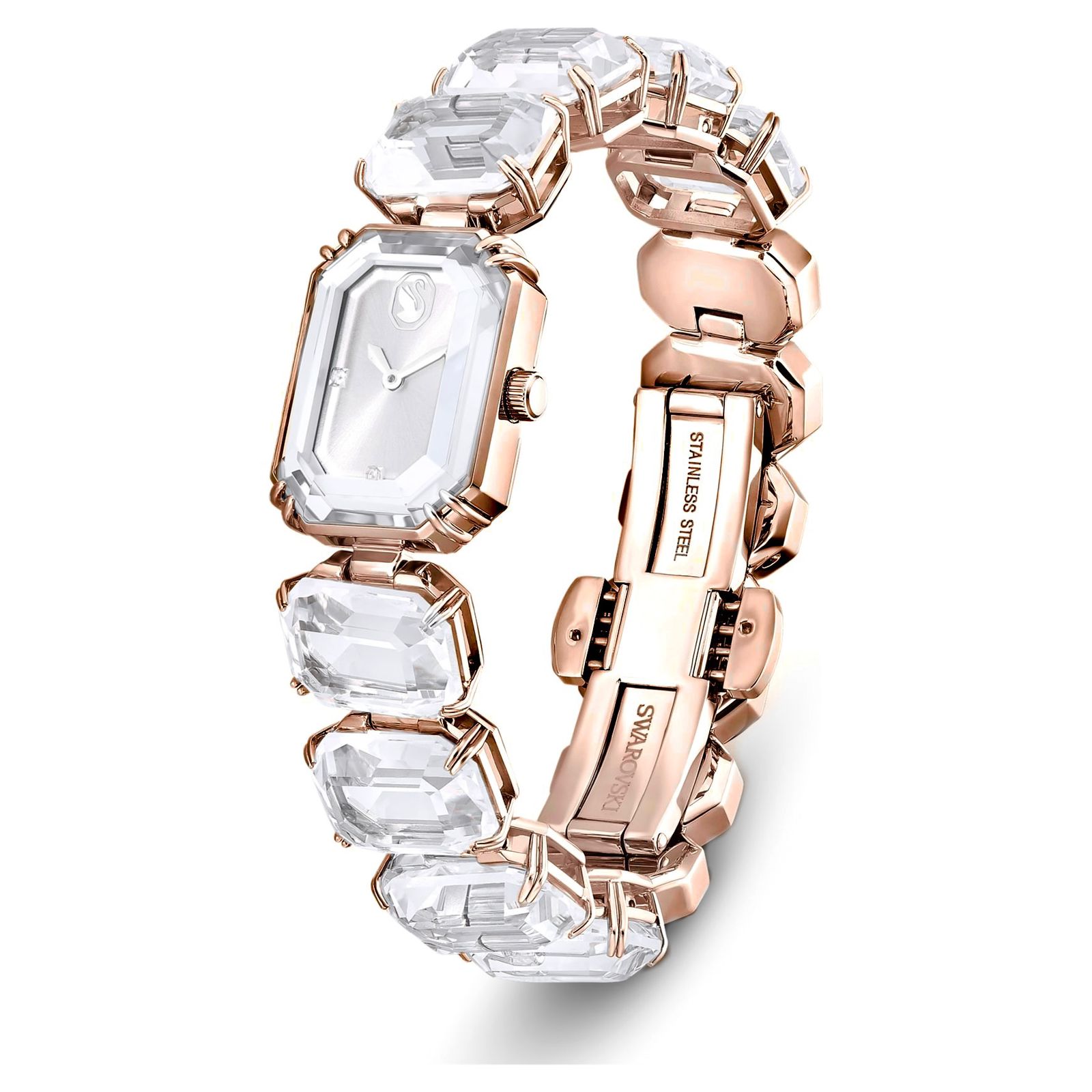 Buy First Copy Swarovski Crystal Octagon Rose Gold Stainless Steel Crystal 23mm Quartz Machine Ladies Watch - Master Quality 7A Mirror at Lowest Price Online India