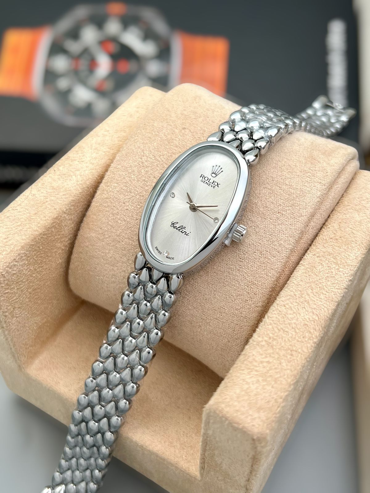 Buy First Copy Rolex Cellini Oval Stainless Steel 33mm Swiss Quartz Movement Ladies Watch - Master Quality 7A Mirror at Lowest Price Online India