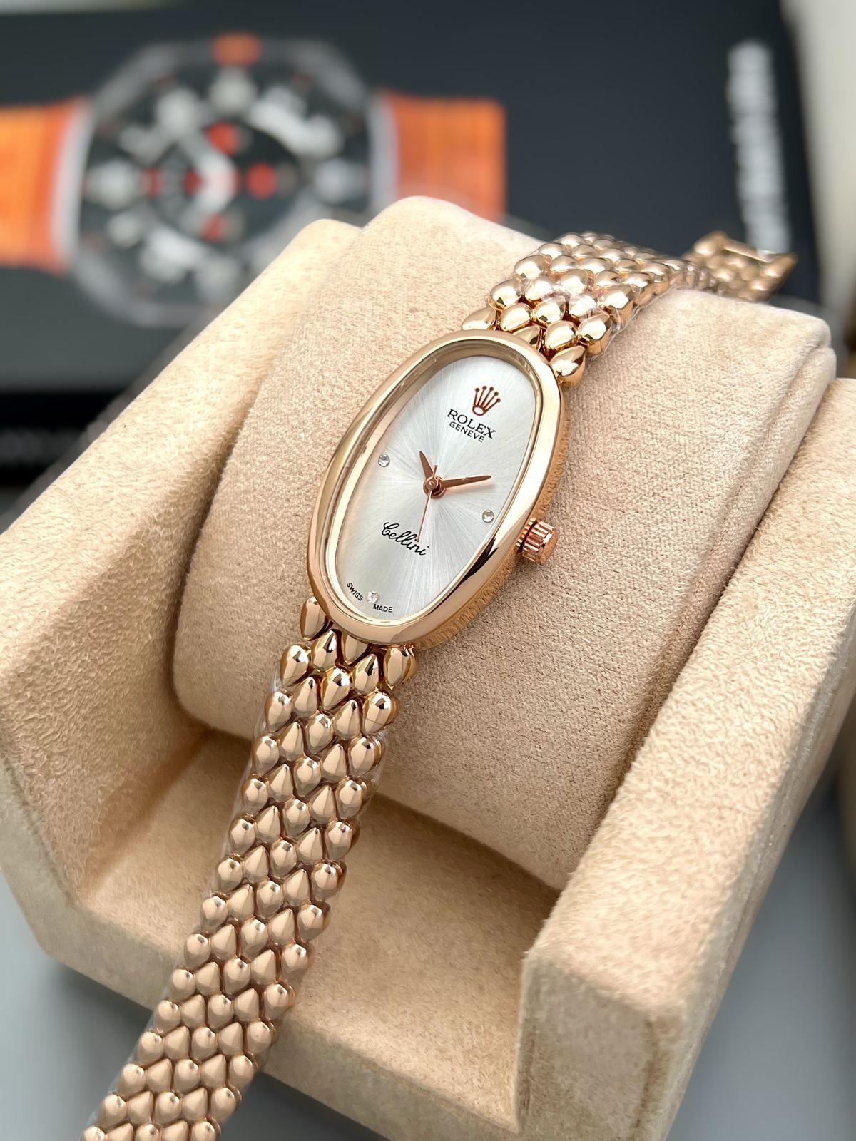 Buy First Copy Rolex Cellini Oval Stainless Steel 33mm Swiss Quartz Movement Ladies Watch - Master Quality 7A Mirror at Lowest Price Online India