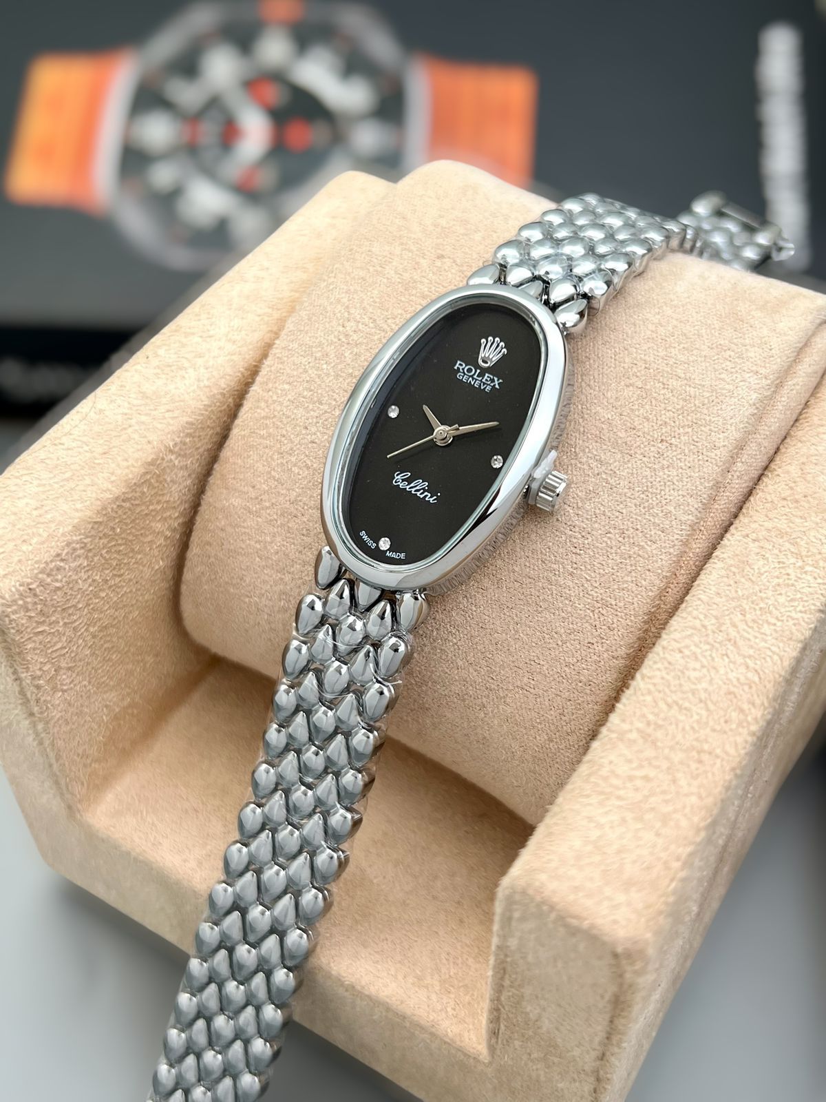 Buy First Copy Rolex Cellini Oval Stainless Steel 33mm Swiss Quartz Movement Ladies Watch - Master Quality 7A Mirror at Lowest Price Online India