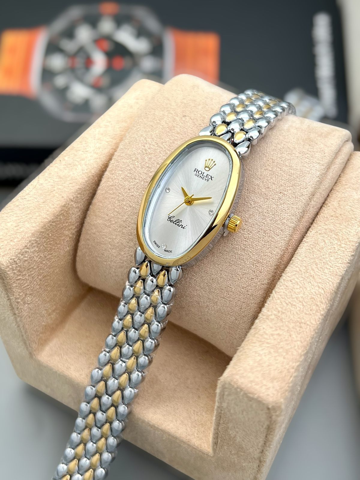Buy First Copy Rolex Cellini Oval Stainless Steel 33mm Swiss Quartz Movement Ladies Watch - Master Quality 7A Mirror at Lowest Price Online India