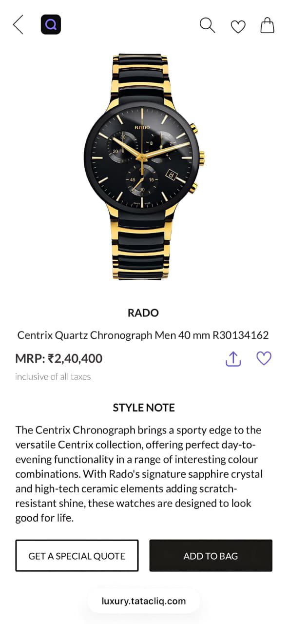 Buy First Copy Rado Centrix Men’s Chronograph Watch - Master Quality 7A Mirror at Lowest Price Online India