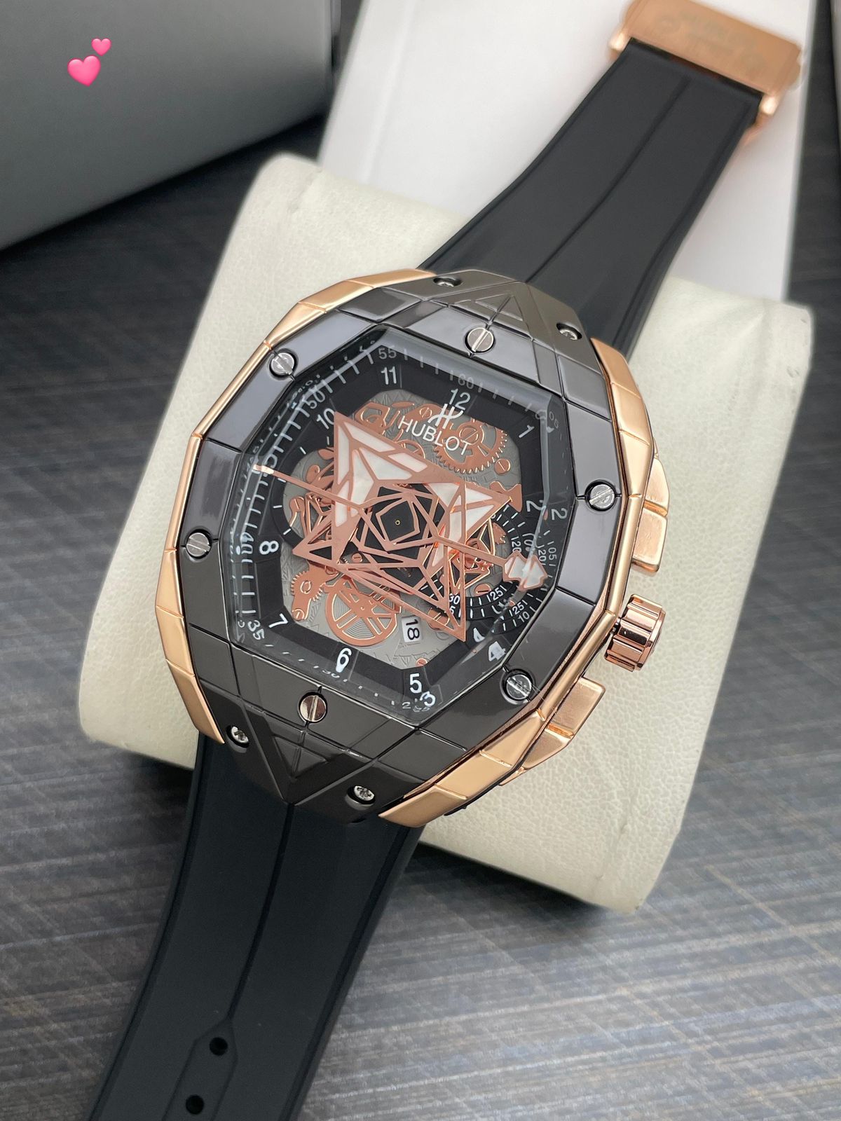 Buy First Copy Hublot Big Bang Sang Bleu II Rose Gold Black Geometric Skeleton Quartz Machine Men’s Watch - Master Quality 7A Mirror at Lowest Price Online India