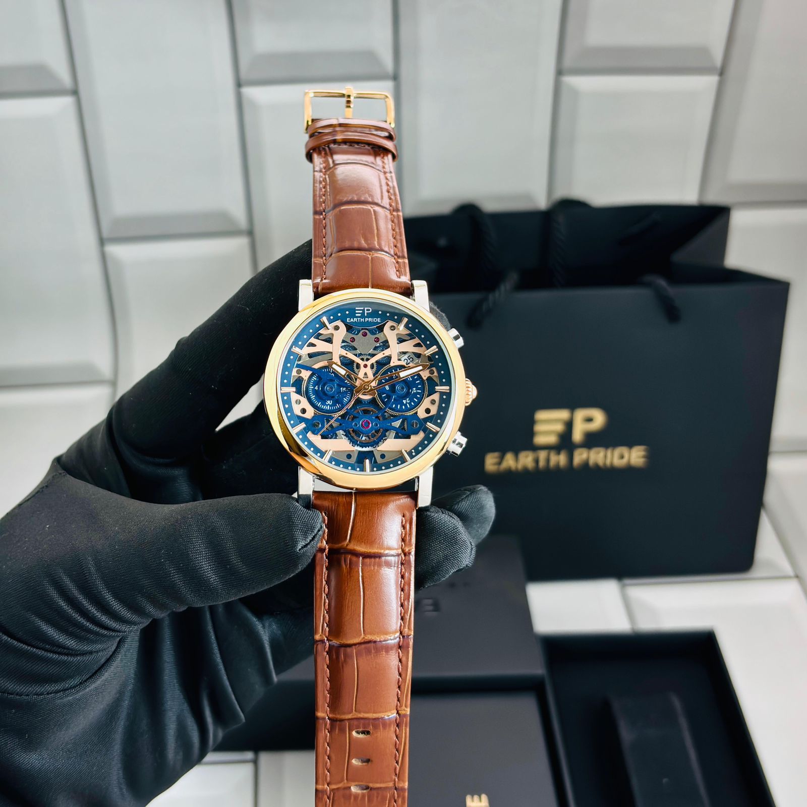 Buy First Copy Earth Pride Royal Blue Open Heart Skeleton Sapphire glass 44mm Swiss Made Automatic Men’s Watch - Master Quality 7A Mirror at Lowest Price Online India
