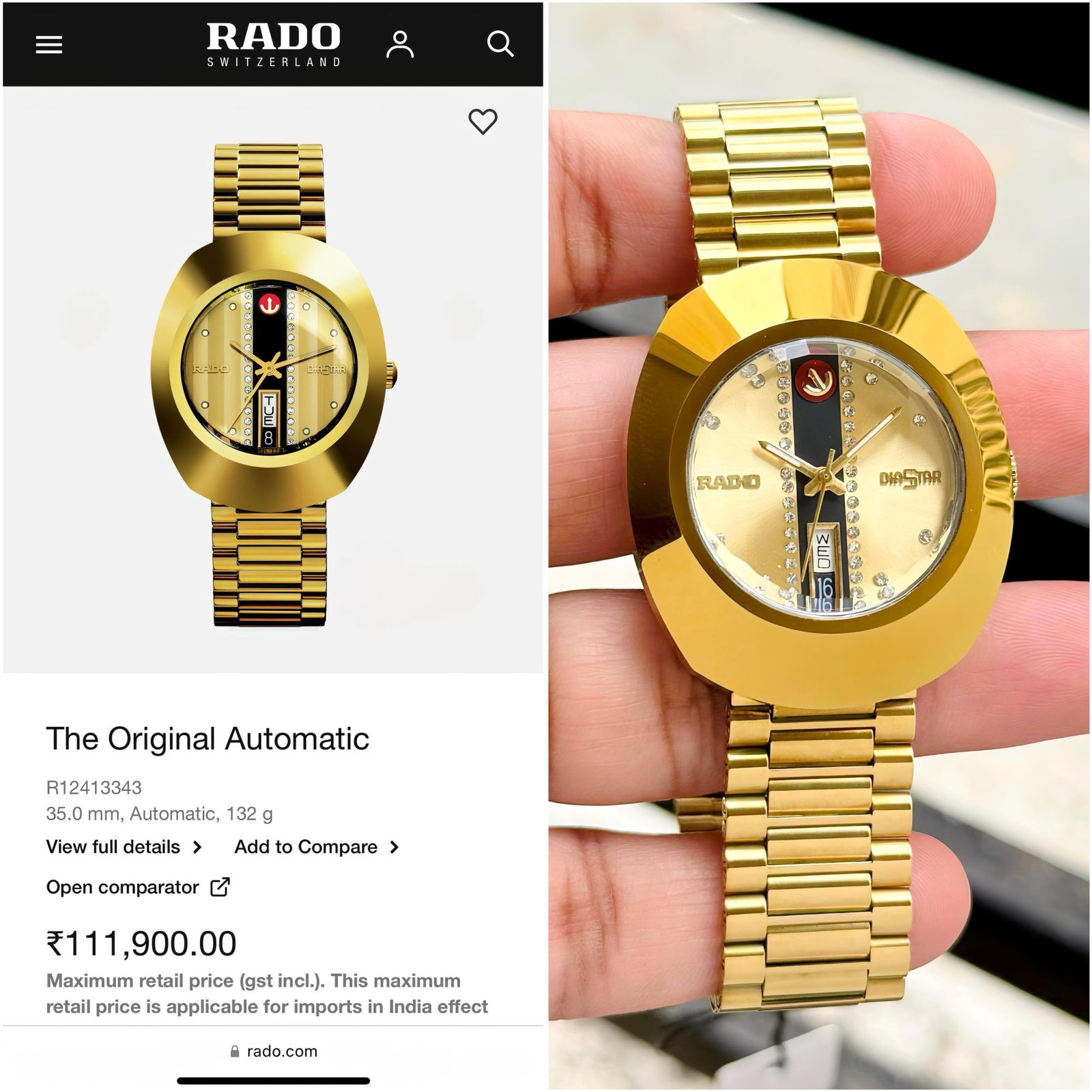 Buy First Copy Rado Diastar Gold Day Date Stainless Steel 35mm Automatic Men’s Watch - Master Quality 7A Mirror at Lowest Price Online India