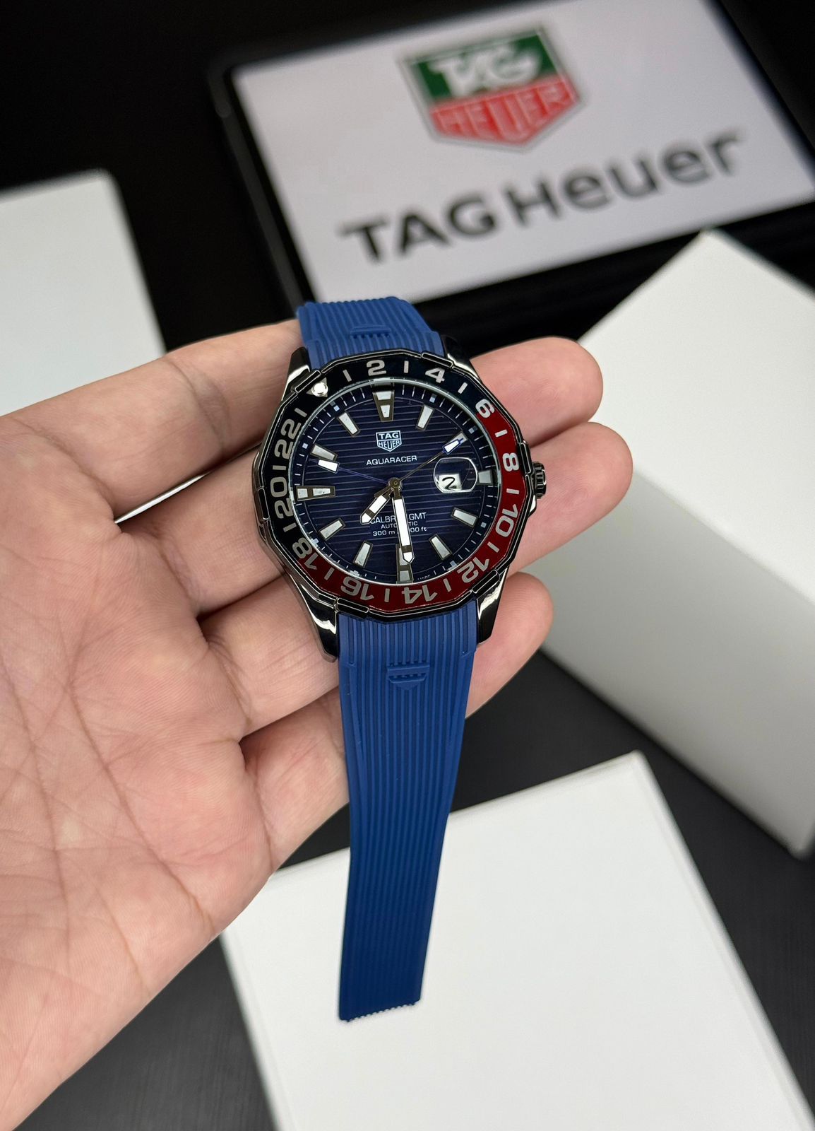 Buy First Copy TAG Heuer Aguaracer Blue GMT Ceramic Day-Date Bezel 42mm Quartz Machine Men’s Watch - Master Quality 7A Mirror at Lowest Price Online India