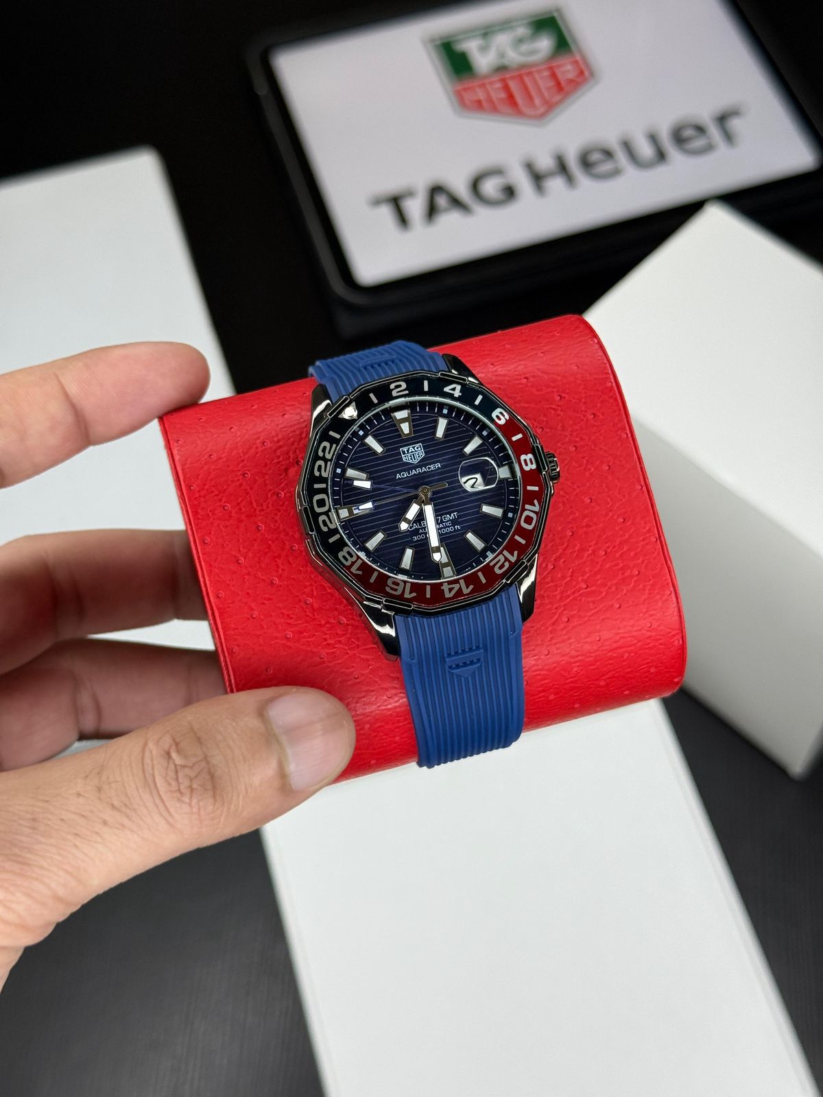 Buy First Copy TAG Heuer Aguaracer Blue GMT Ceramic Day-Date Bezel 42mm Quartz Machine Men’s Watch - Master Quality 7A Mirror at Lowest Price Online India