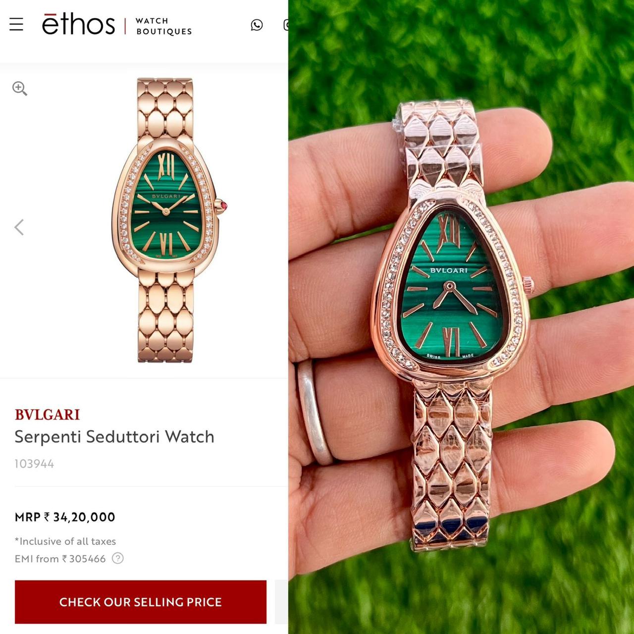 Buy First Copy Bvlgari Serpenti Malachite Green Diamond Stainless Steel Rose Gold Women’s  Watch - Master Quality 7A Mirror at Lowest Price Online India