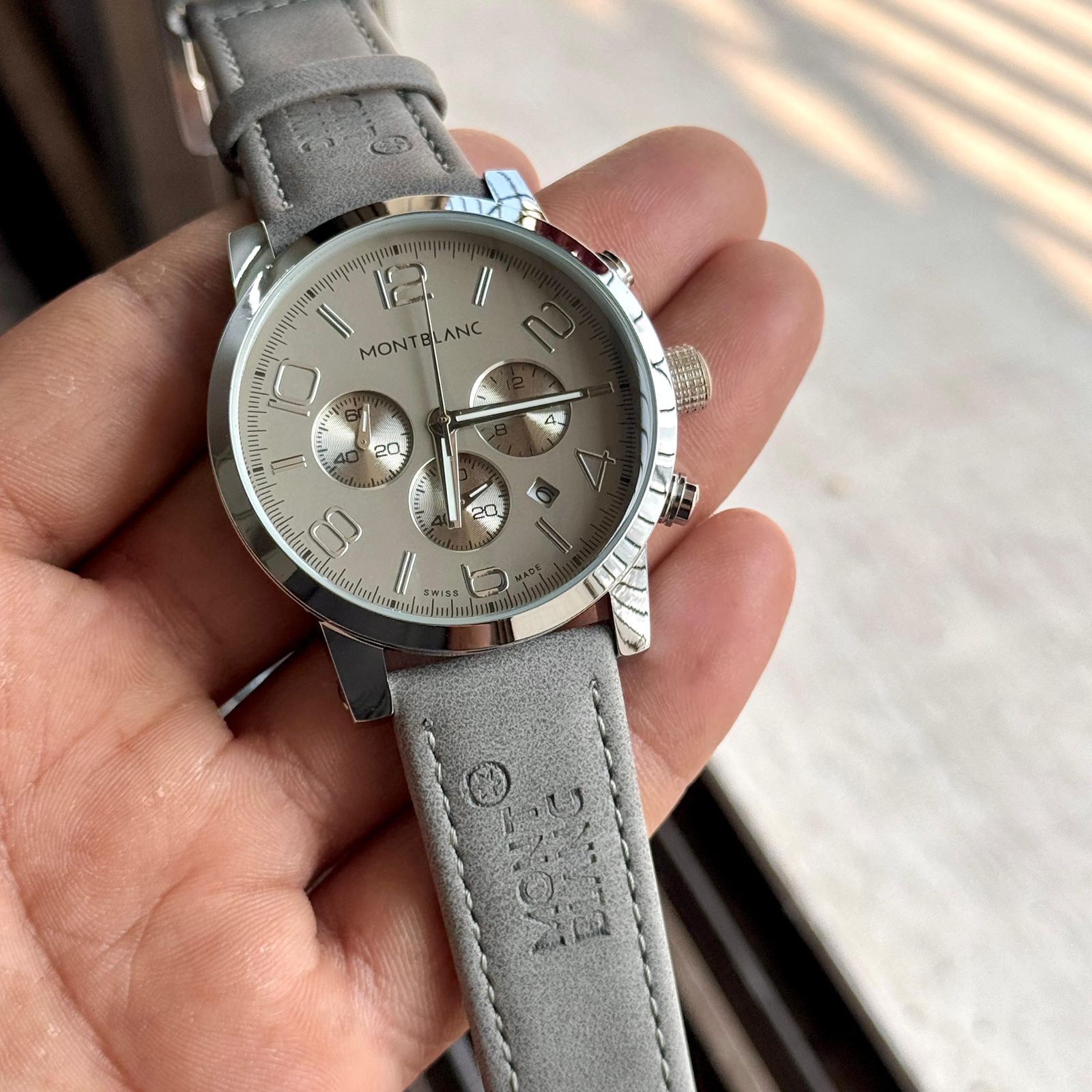 Buy First Copy Montblanc Silver Cream Chronograph 43mm Quartz Movement Men’s Watch - Master Quality 7A Mirror at Lowest Price Online India