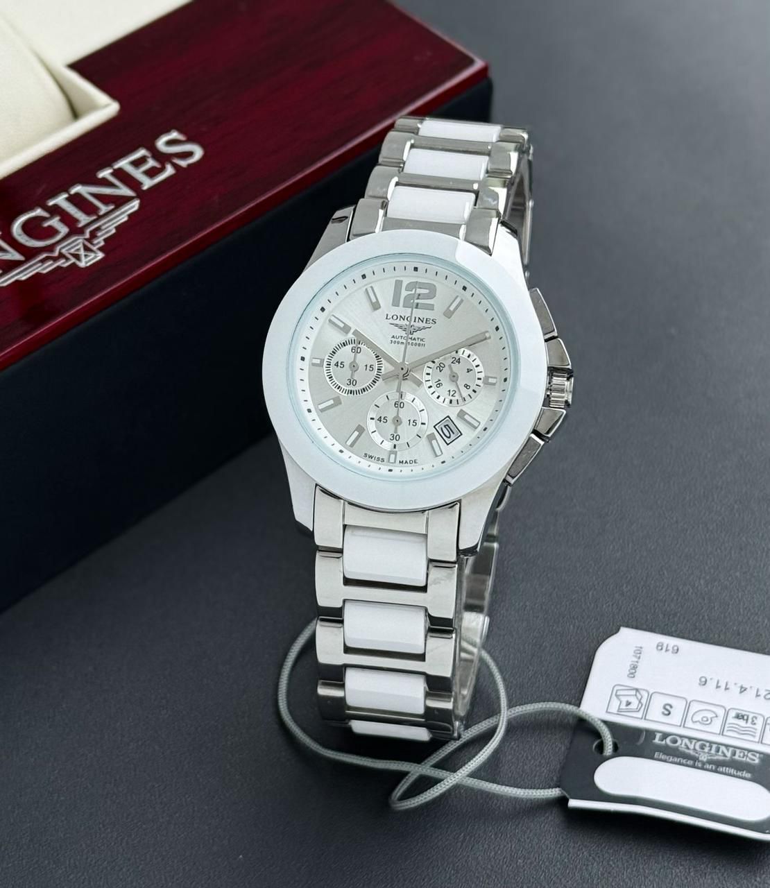 Buy First Copy Longines White Ceramic Bezel Silver Stainless Steel Chronograph Quartz Movement Men’s Watch - Master Quality 7A Mirror at Lowest Price Online India