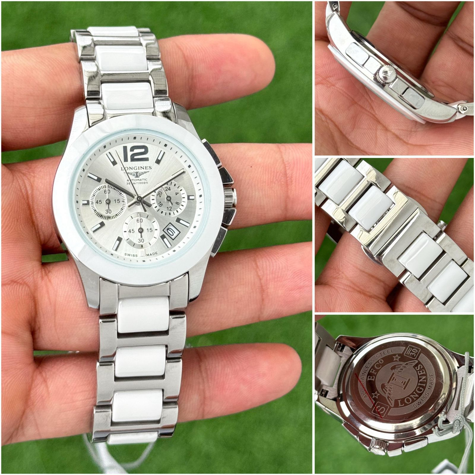 Buy First Copy Longines White Ceramic Bezel Silver Stainless Steel Chronograph Quartz Movement Men’s Watch - Master Quality 7A Mirror at Lowest Price Online India