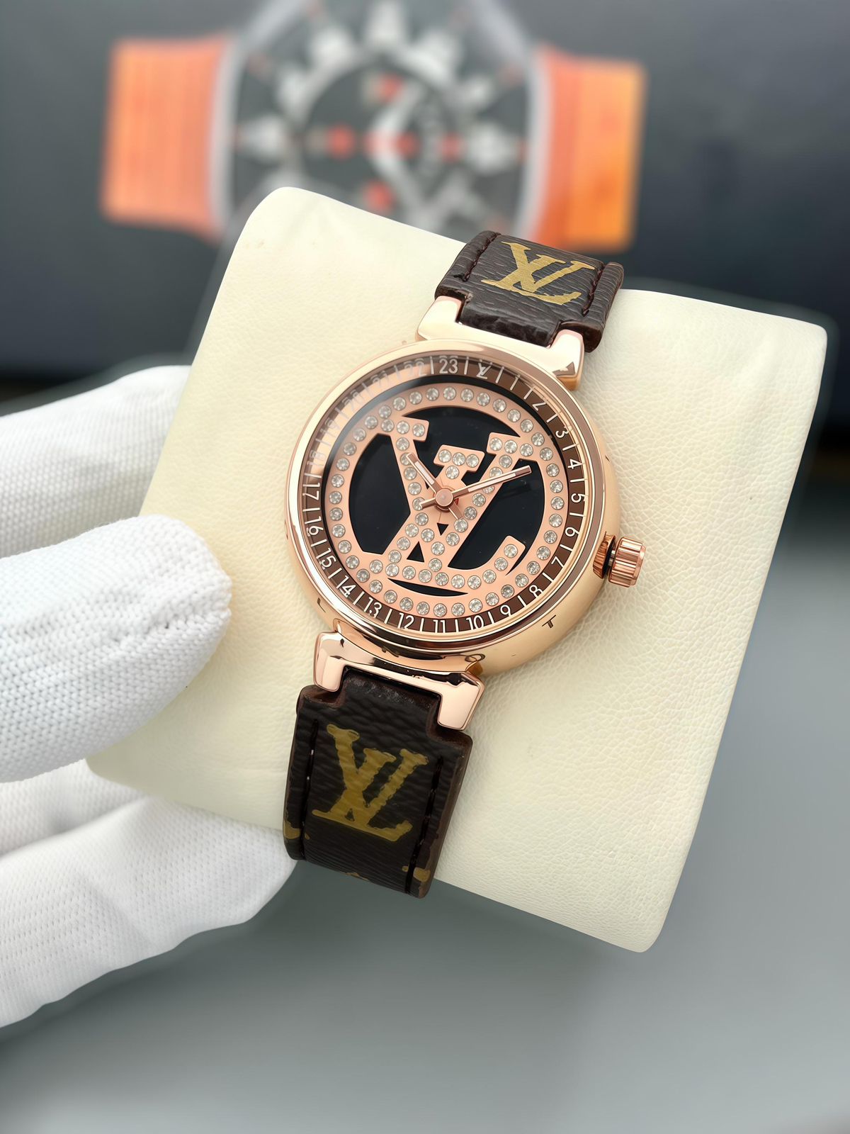 Buy First Copy Louis Vuitton Rose Gold Brown Monogram Crystal Logo Ladies Watch - Master Quality 7A Mirror at Lowest Price Online India